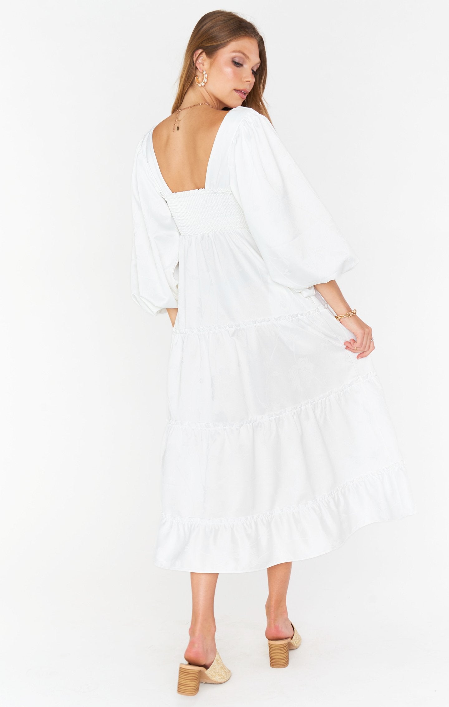 White Floral Midi Dress with Poof Sleeves & Smocked Back | Mandi