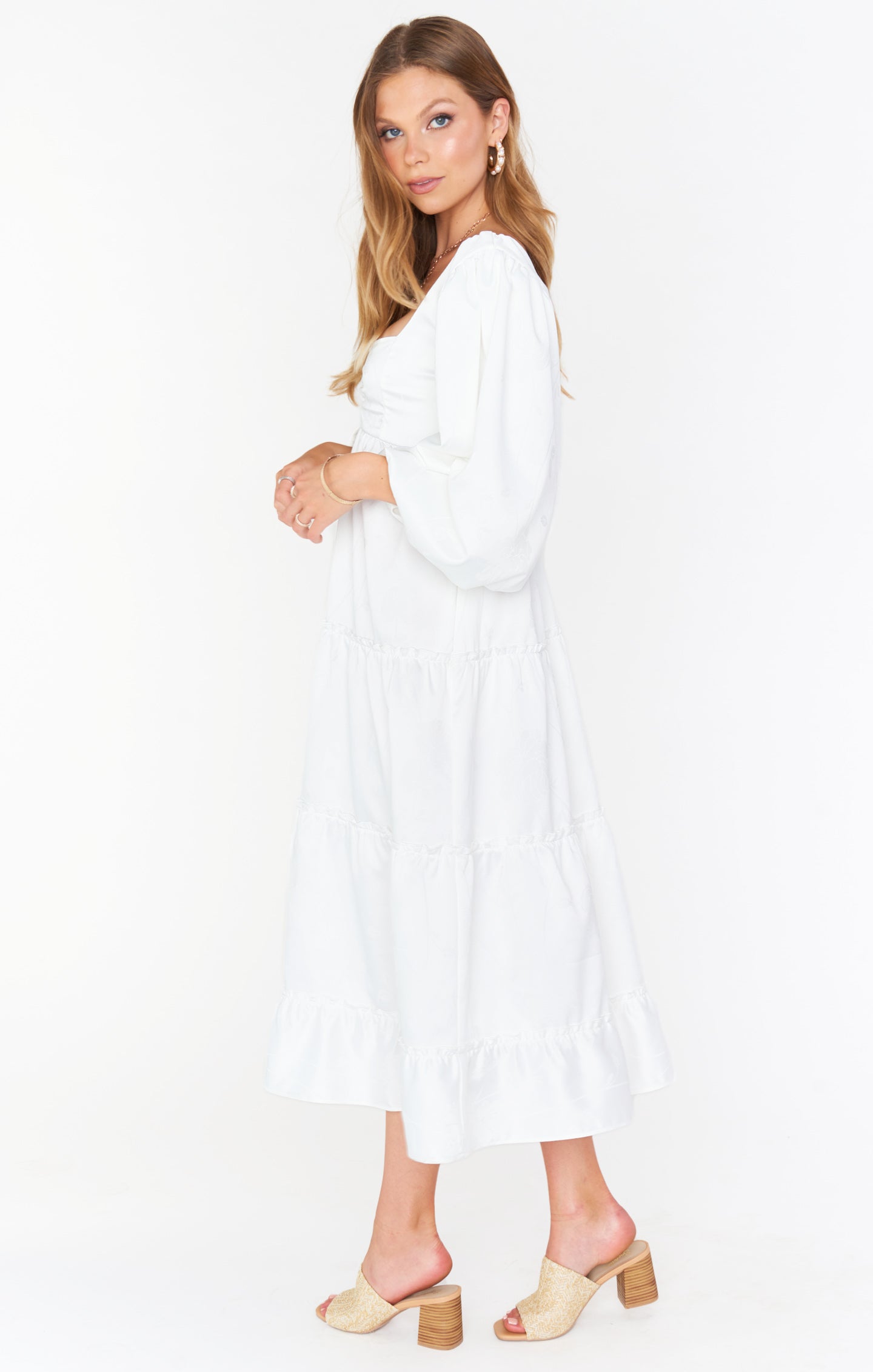 White Floral Midi Dress with Poof Sleeves & Smocked Back | Mandi