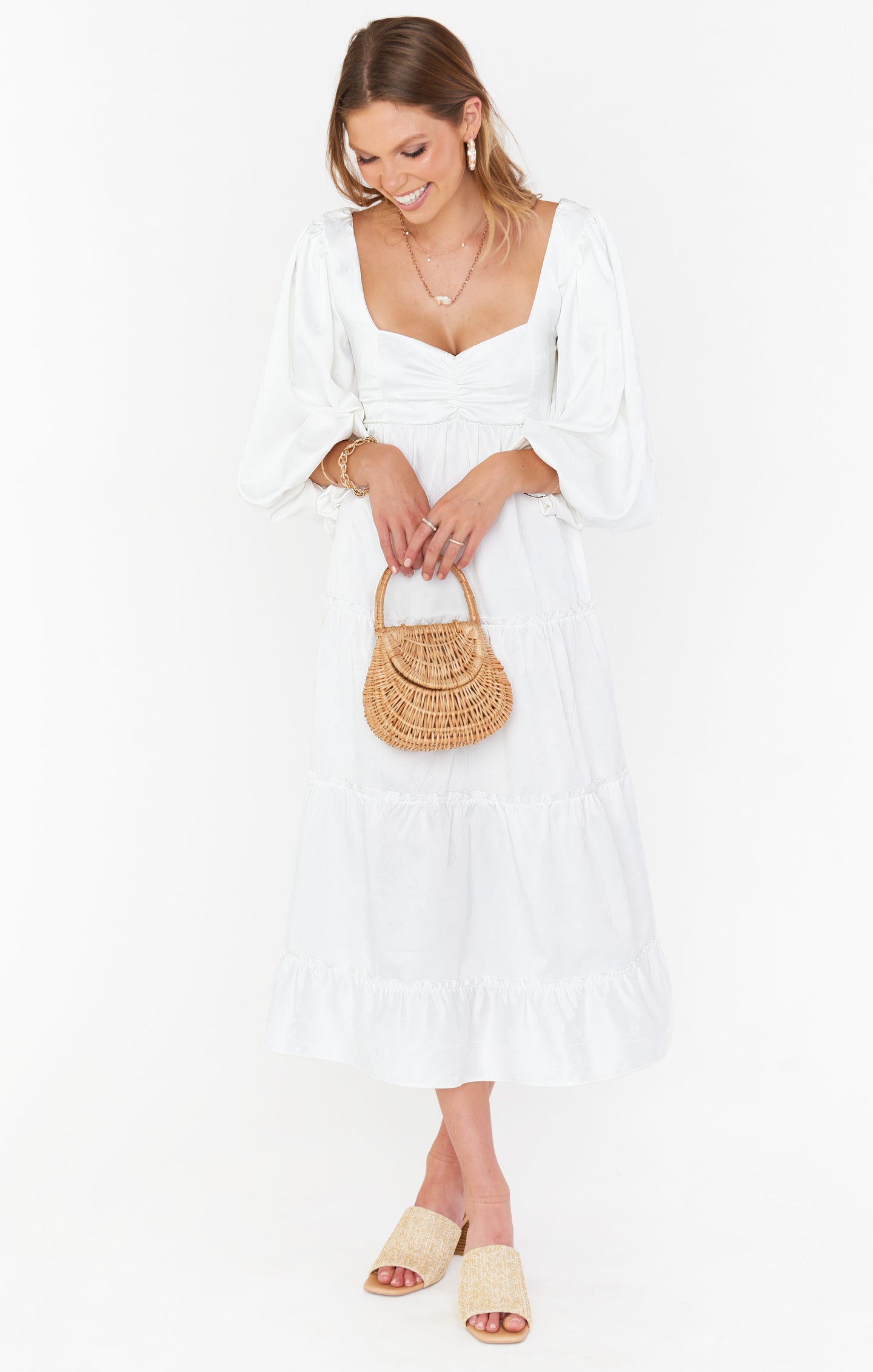 White Floral Midi Dress with Poof Sleeves & Smocked Back | Mandi