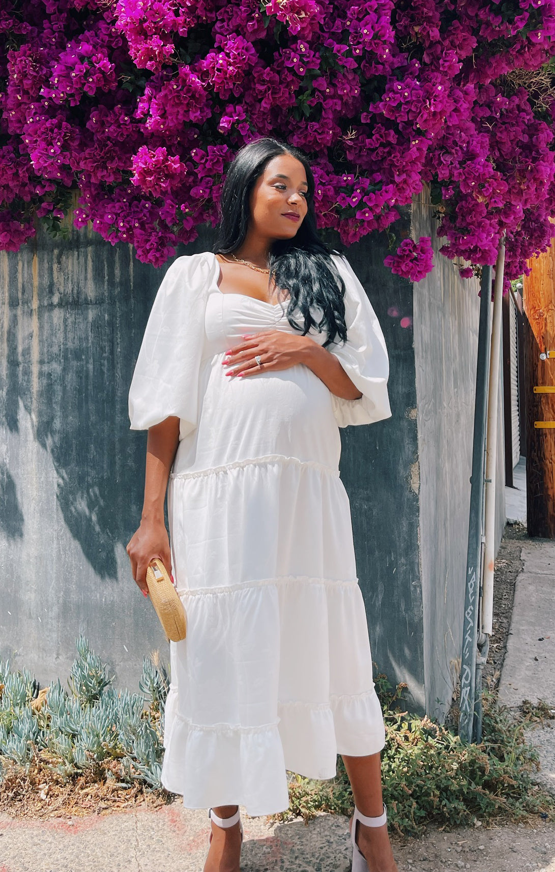 White Floral Midi Dress with Poof Sleeves & Smocked Back | Mandi