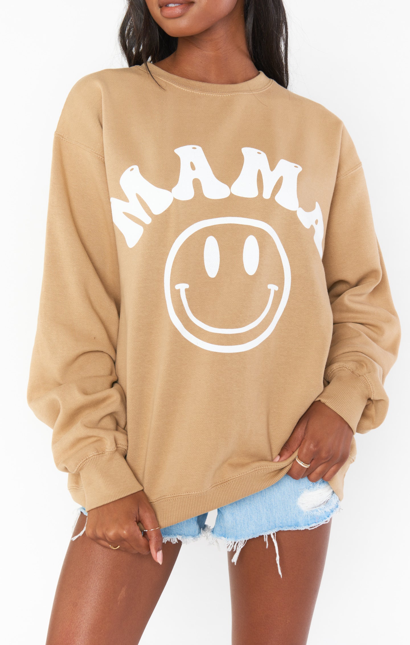 Comfy Tan Crewneck Sweatshirt for Moms | Stanley Smile Mama Graphic