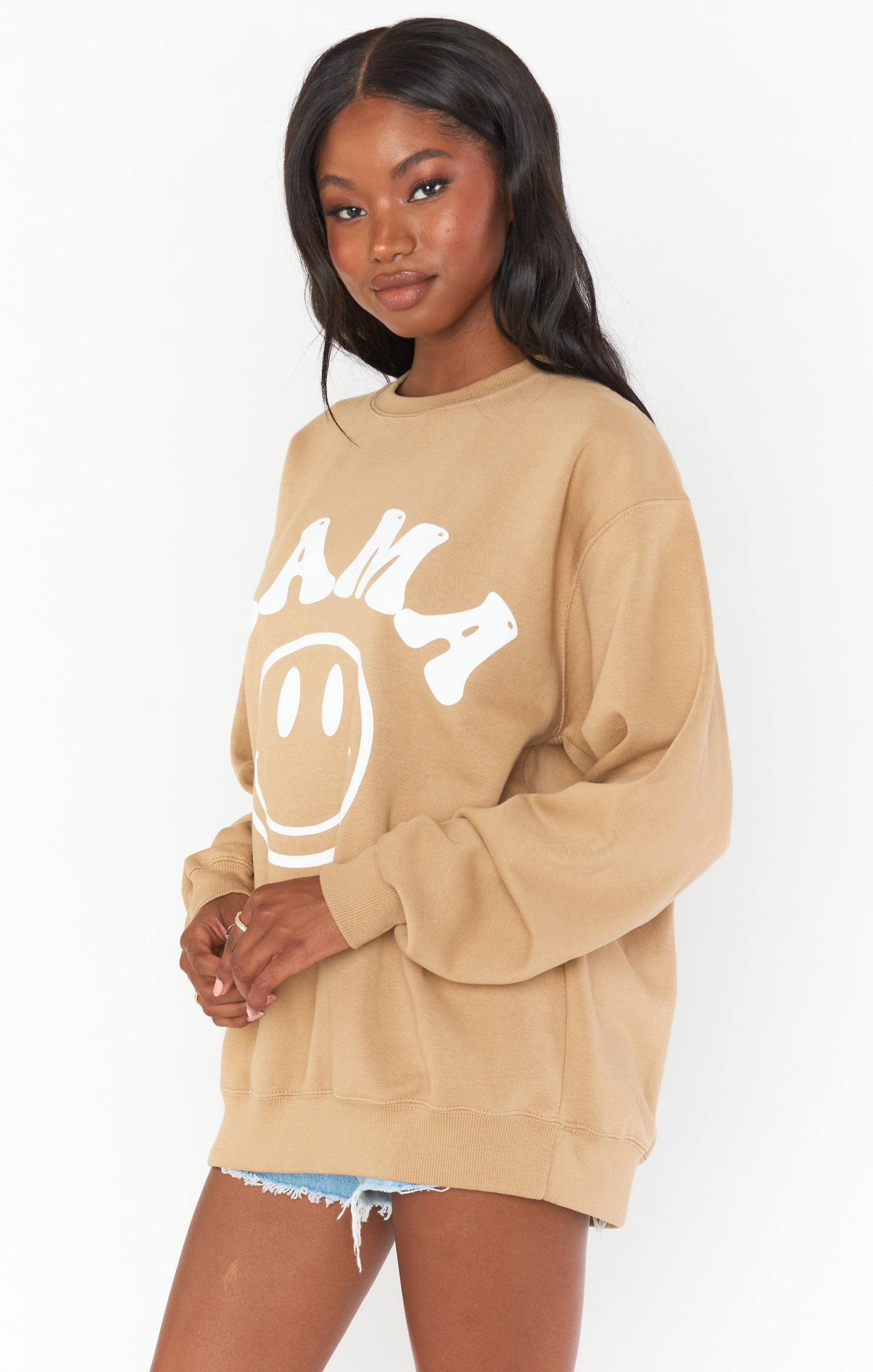 Comfy Tan Crewneck Sweatshirt for Moms | Stanley Smile Mama Graphic