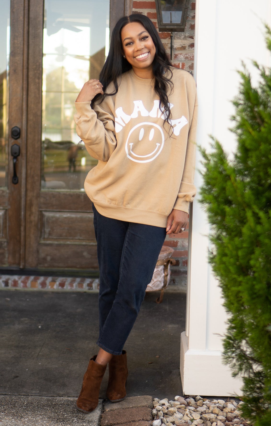 Comfy Tan Crewneck Sweatshirt for Moms | Stanley Smile Mama Graphic