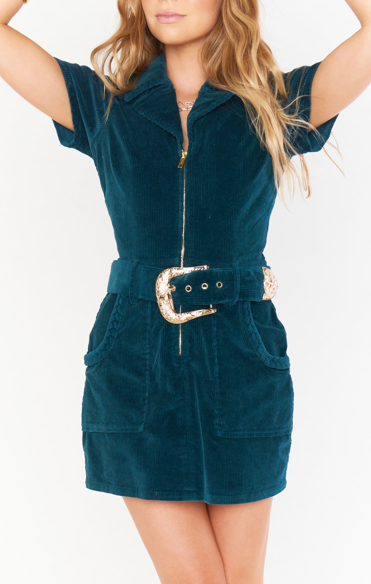 Jade Corduroy Mini Dress with Front Zip & Cargo Pockets | Outlaw
