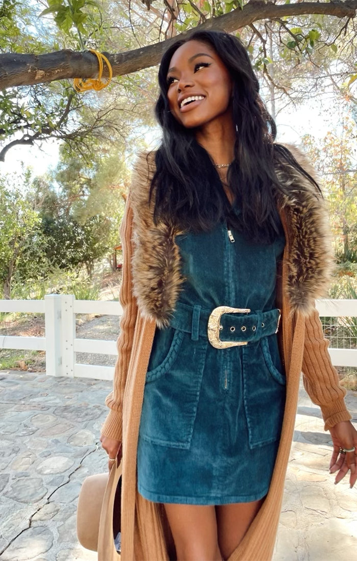 Jade Corduroy Mini Dress with Front Zip & Cargo Pockets | Outlaw