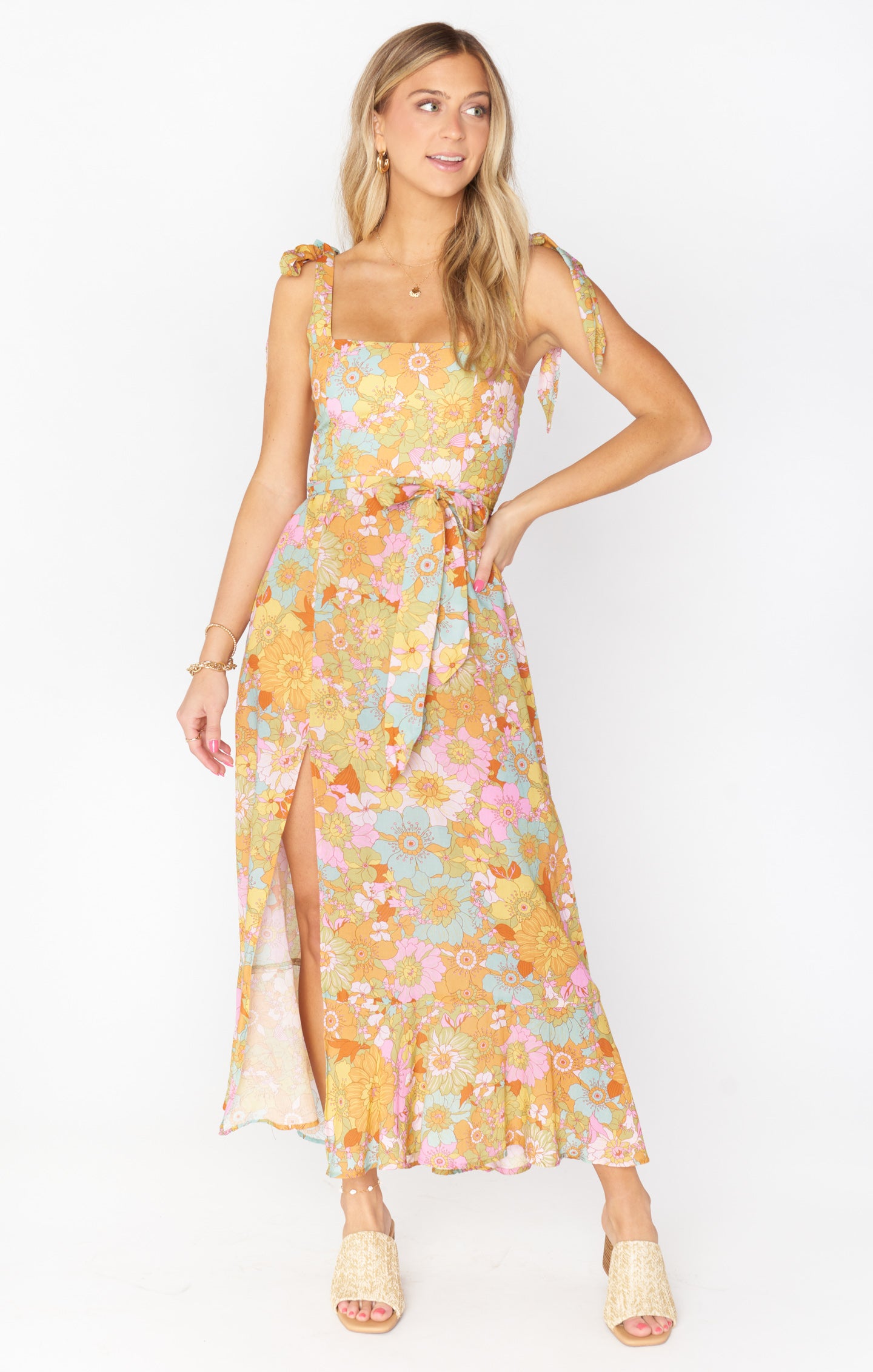 Floral Square Neck Midi Dress with Smocked Back & Detachable Sash | Claire