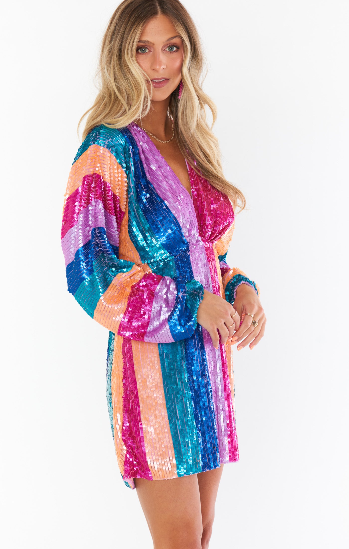 Neon Sequin Mini Dress with Puff Sleeves | Kidman