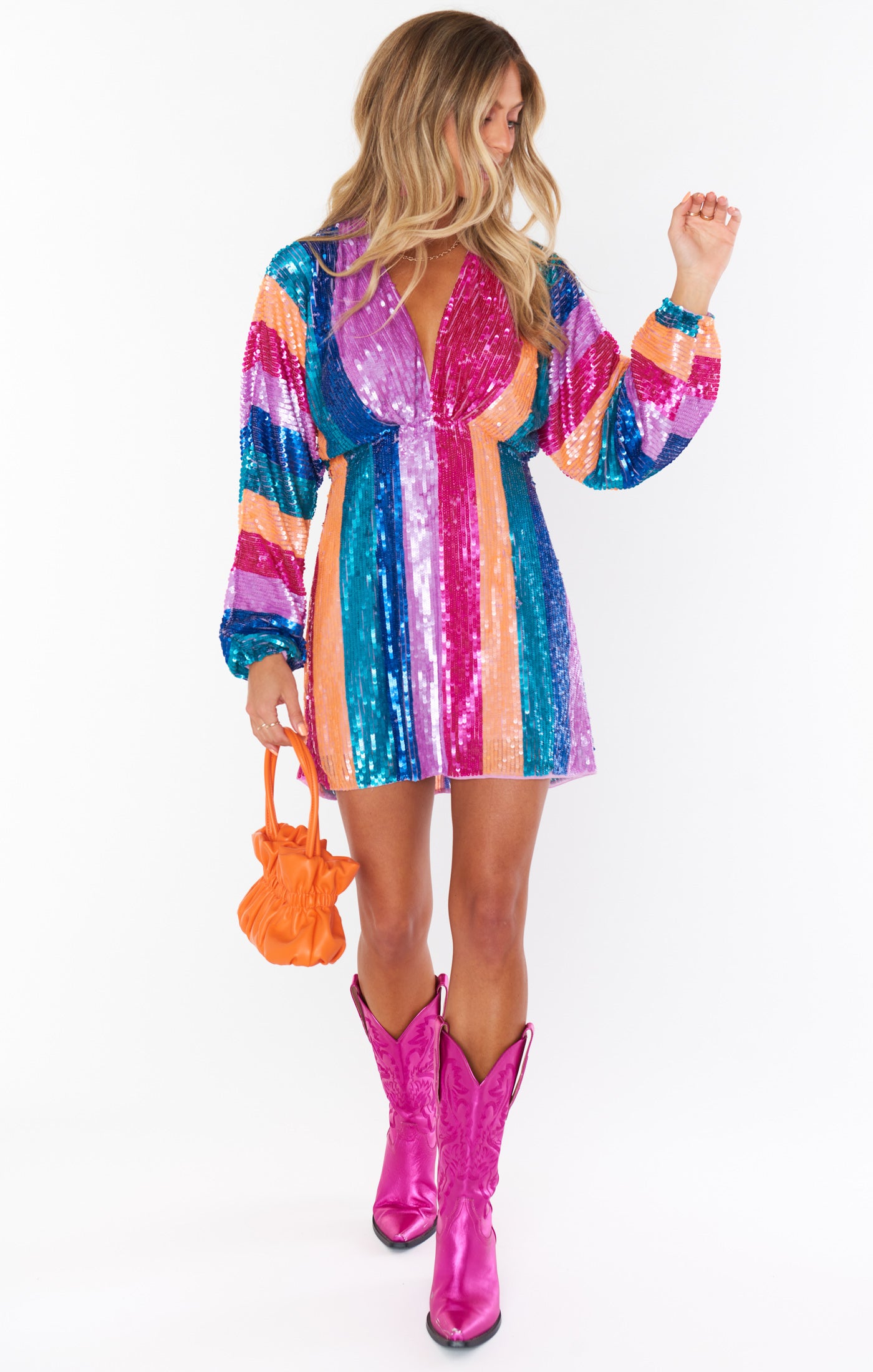 Neon Sequin Mini Dress with Puff Sleeves | Kidman