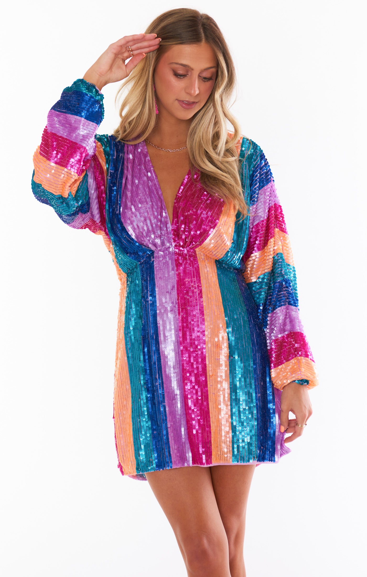 Neon Sequin Mini Dress with Puff Sleeves | Kidman