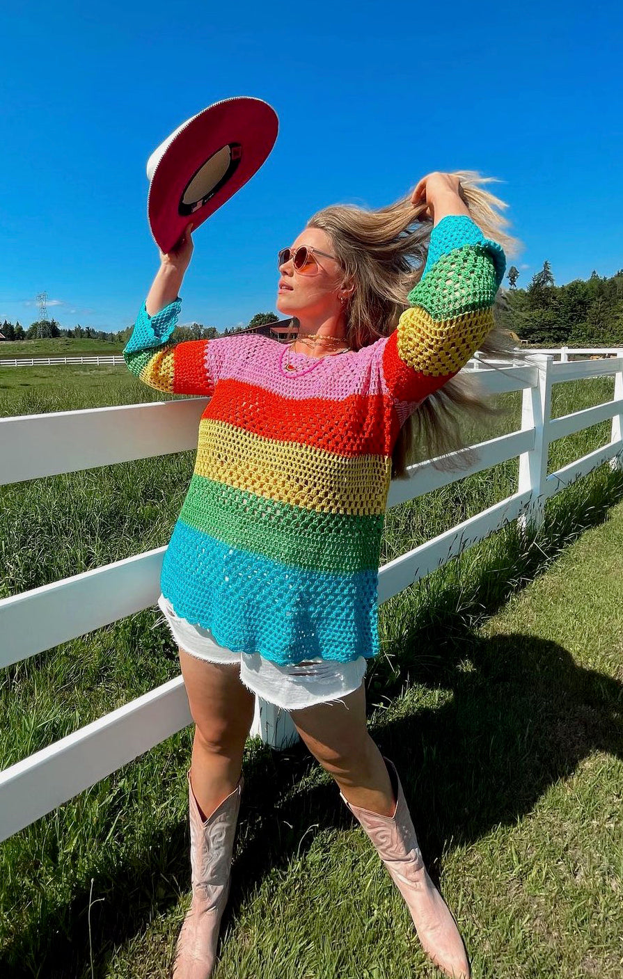 Bright Stripe Crochet Pullover for Swim Coverup & Summer | Paula