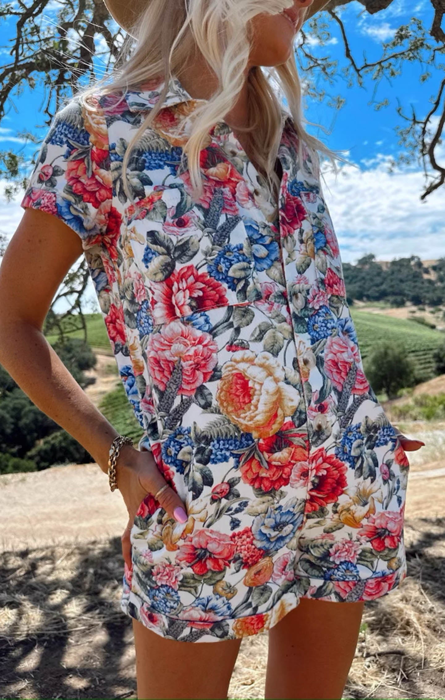 Floral Denim Romper with Roll-Up Hem | Dusty Meadows
