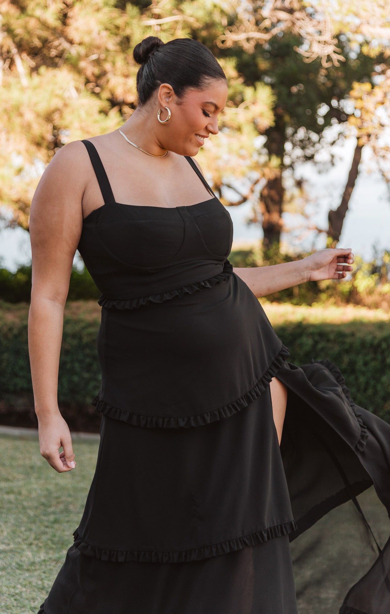 Black Chiffon Corset Dress with Maxi Hem & Side Slit | Lady Corset