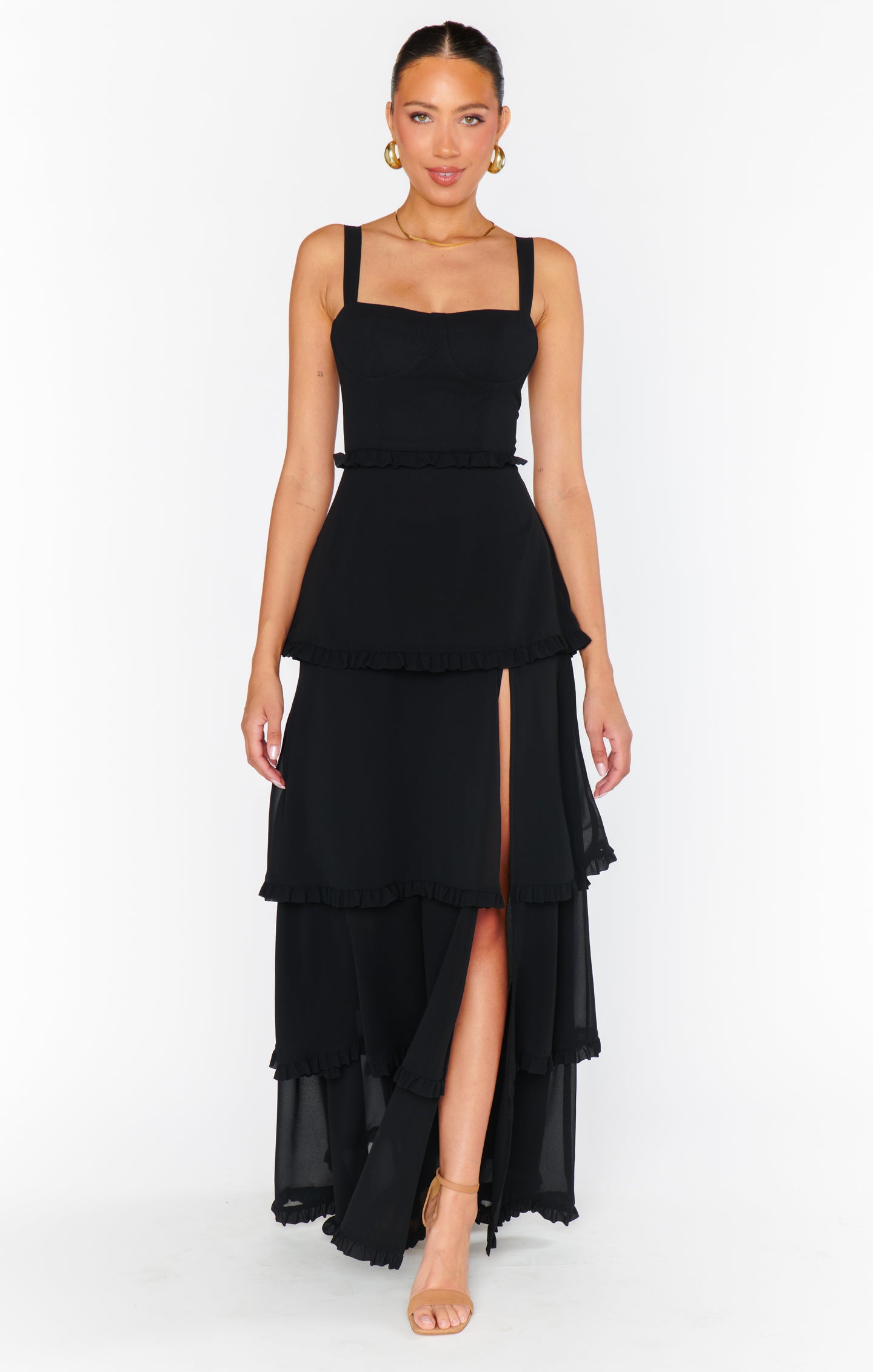 Black Chiffon Corset Dress with Maxi Hem & Side Slit | Lady Corset