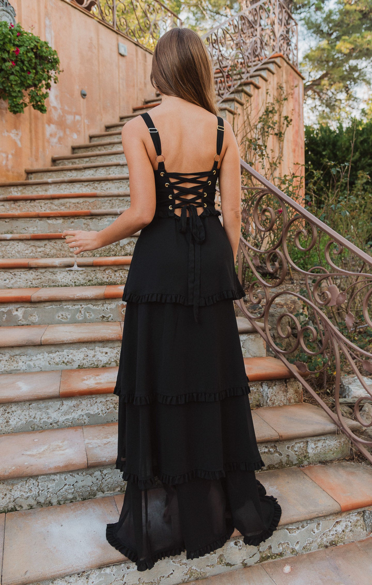 Black Chiffon Corset Dress with Maxi Hem & Side Slit | Lady Corset