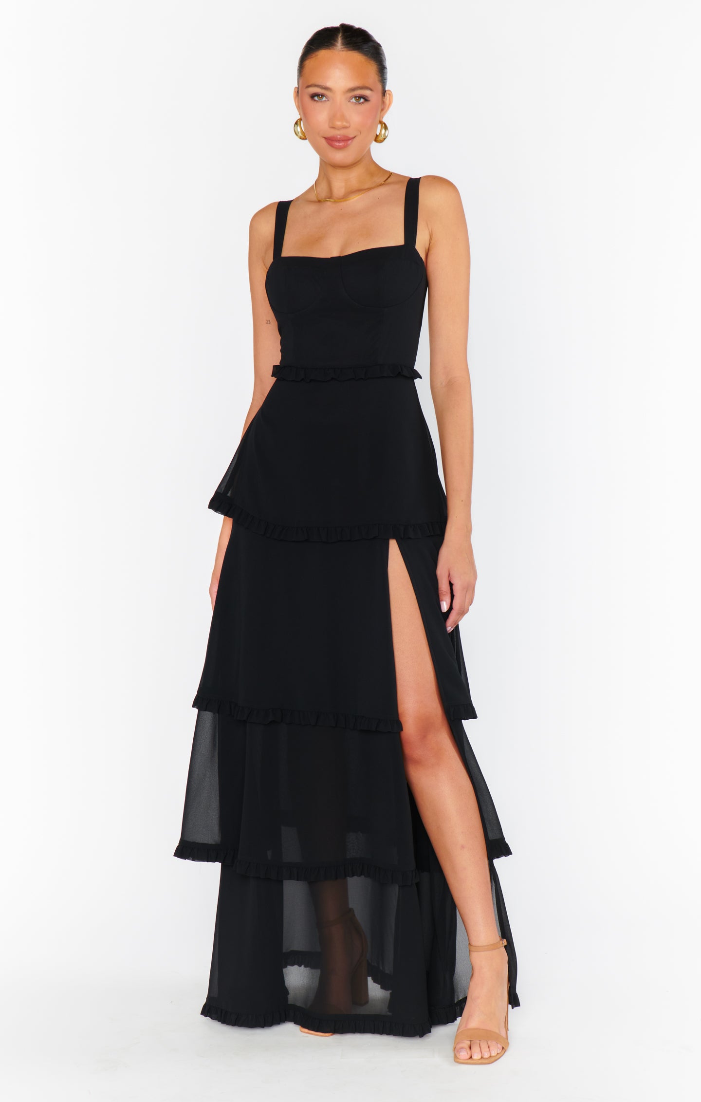 Black Chiffon Corset Dress with Maxi Hem & Side Slit | Lady Corset