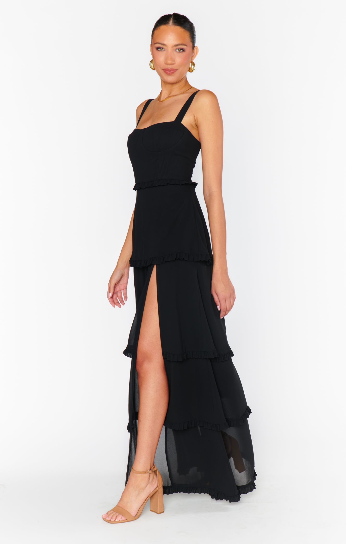 Black Chiffon Corset Dress with Maxi Hem & Side Slit | Lady Corset