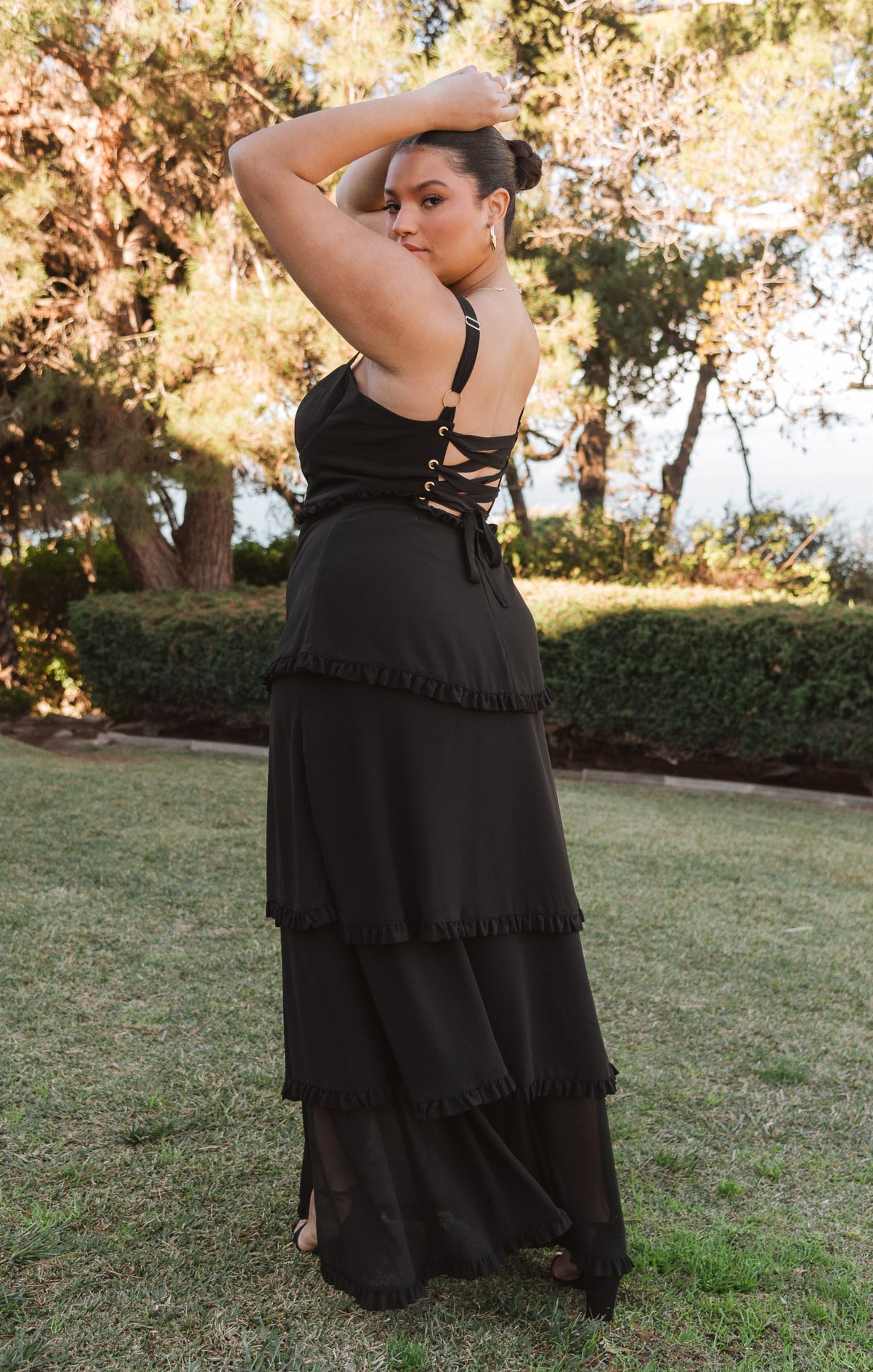 Black Chiffon Corset Dress with Maxi Hem & Side Slit | Lady Corset