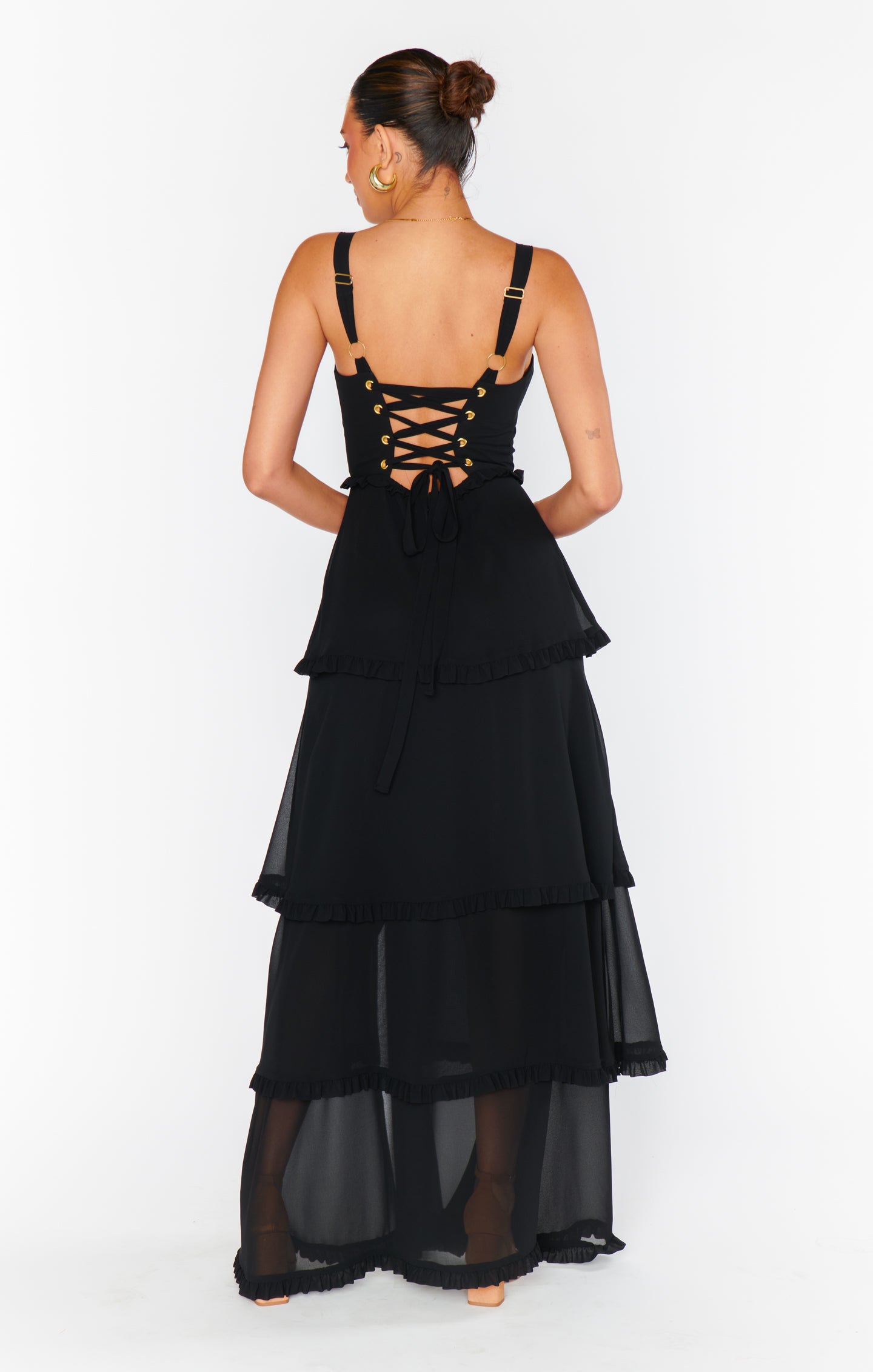Black Chiffon Corset Dress with Maxi Hem & Side Slit | Lady Corset