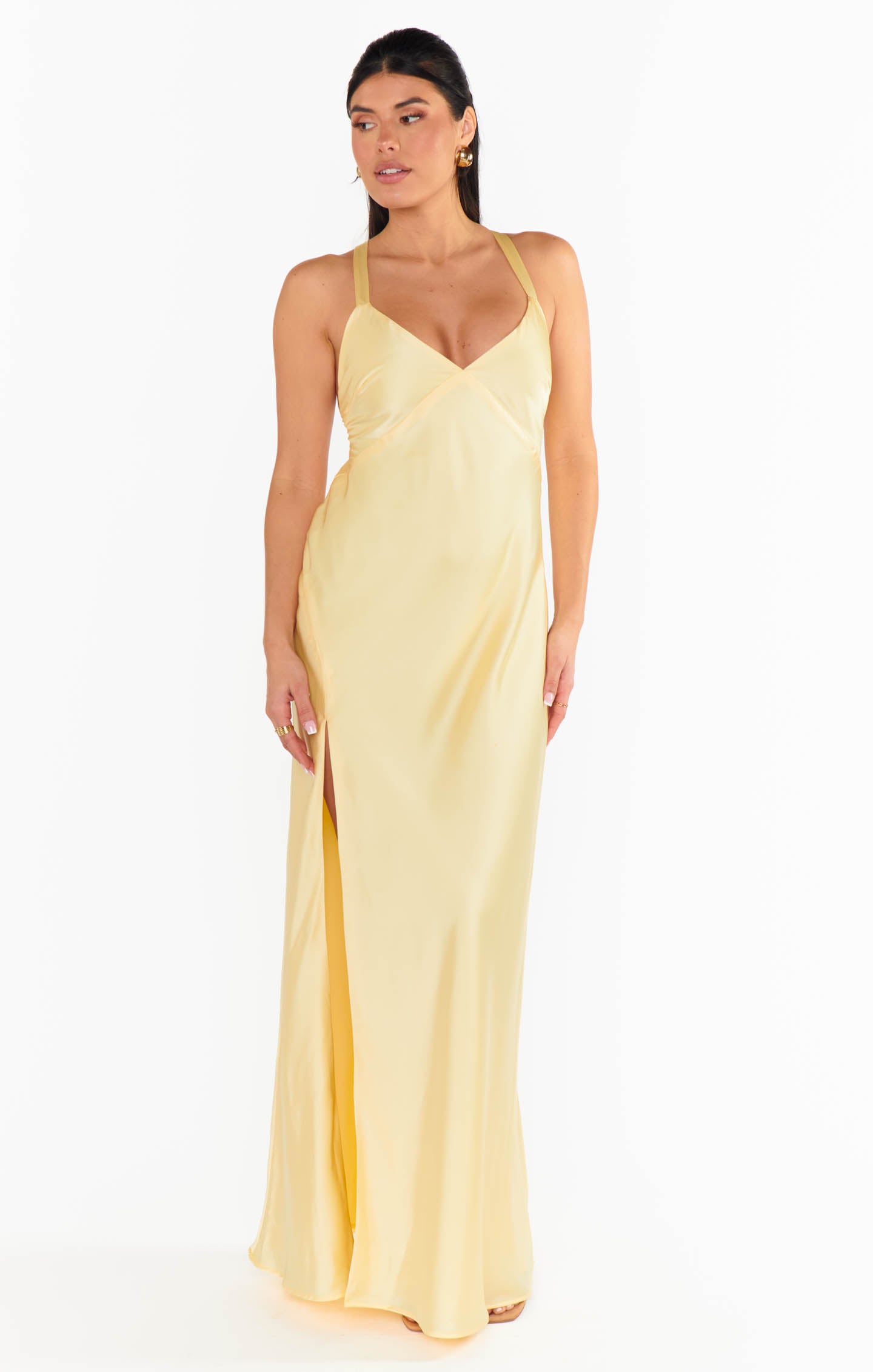 Pale Yellow Satin Maxi Dress with Open Back | Anderson
