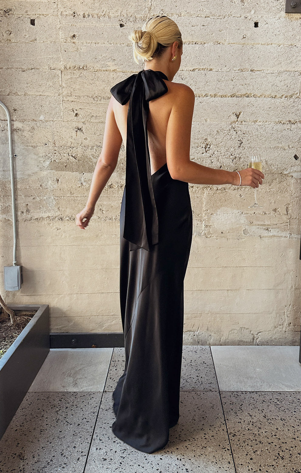 Elegant Black Satin Maxi Dress with Halter Neckline | Lisa