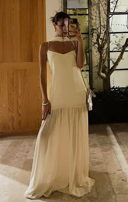 Luxe Satin Maxi Dress with Coordinating Scarf | Dalia Pale Yellow