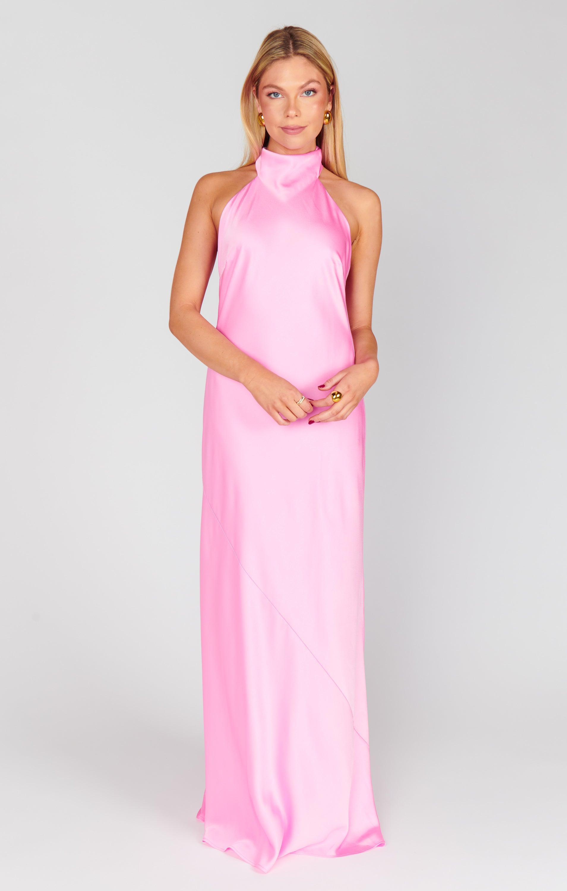 Elegant Pink Satin Maxi Dress with Halter Neckline | Lisa