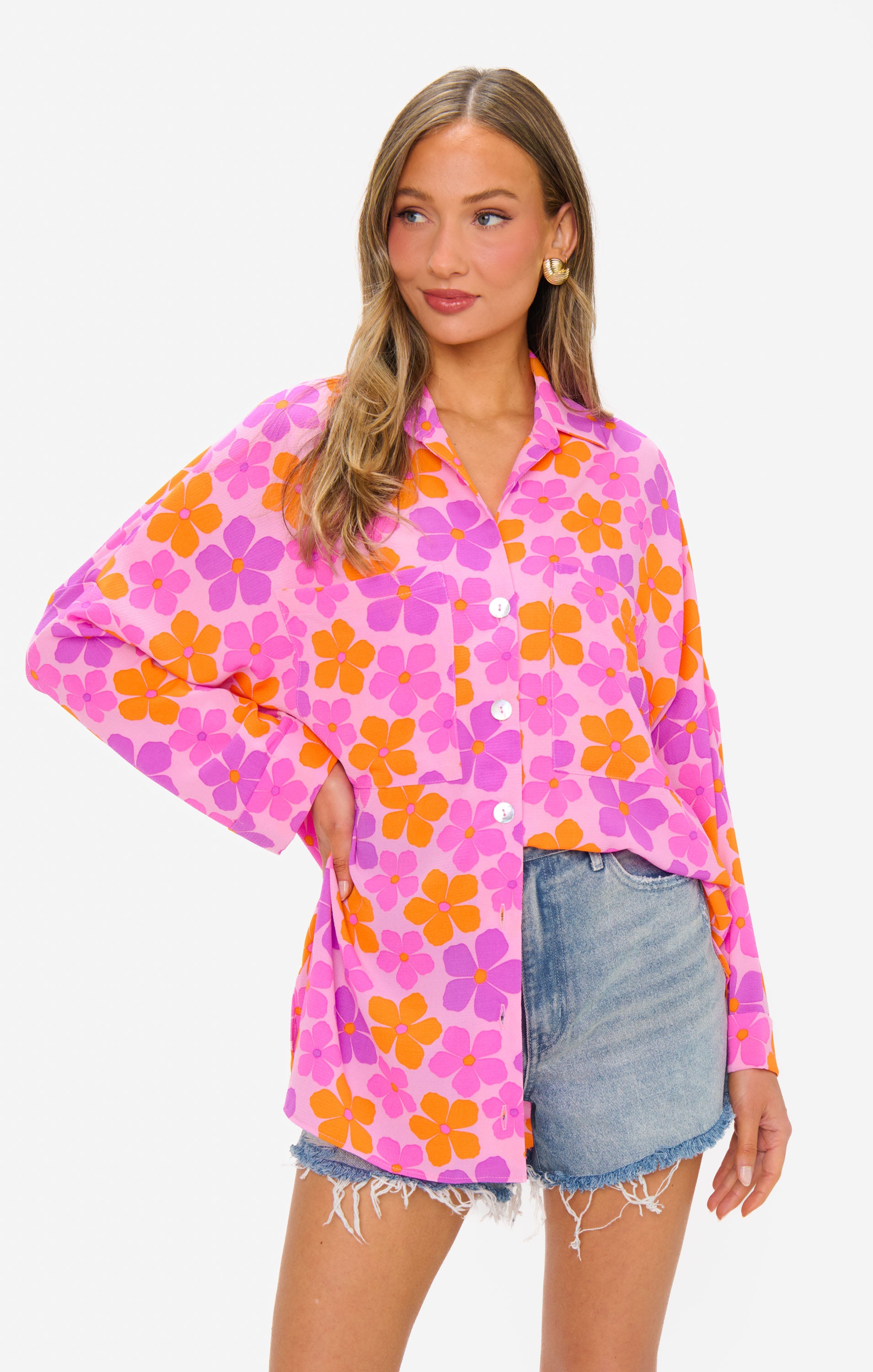 Oversized Button Down Shirt with Pockets | Pink Daisy Print