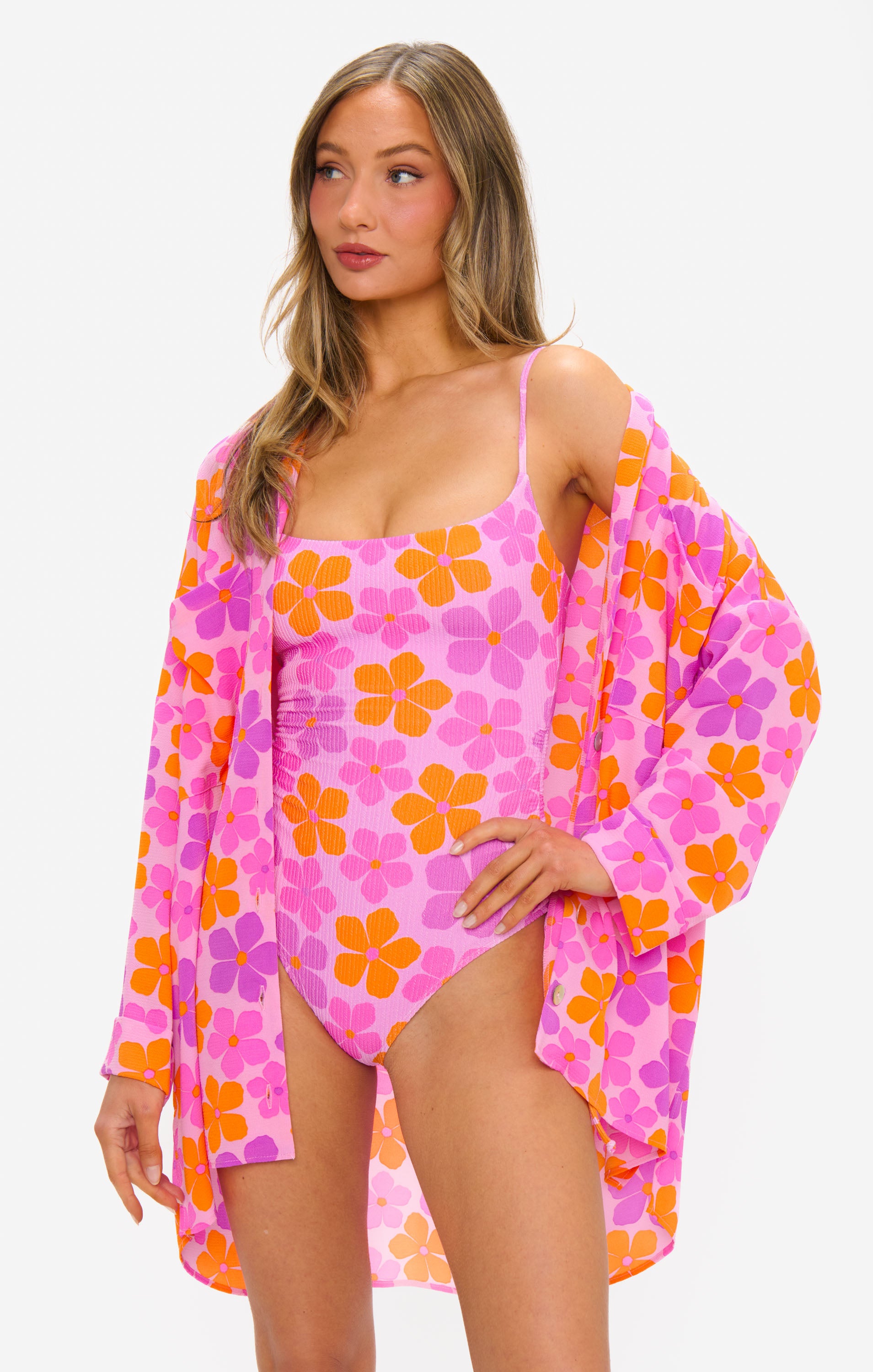 Oversized Button Down Shirt with Pockets | Pink Daisy Print