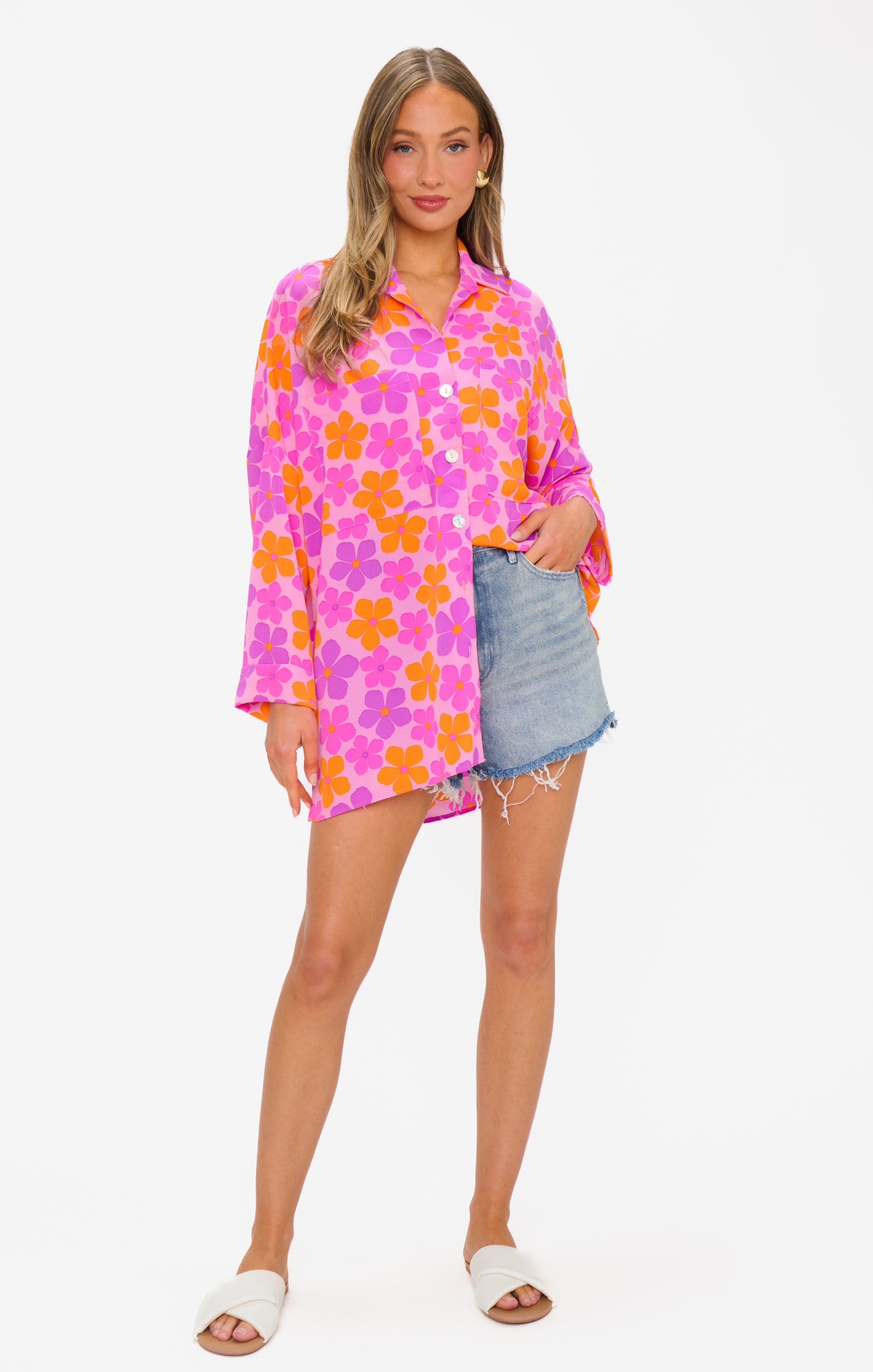 Oversized Button Down Shirt with Pockets | Pink Daisy Print