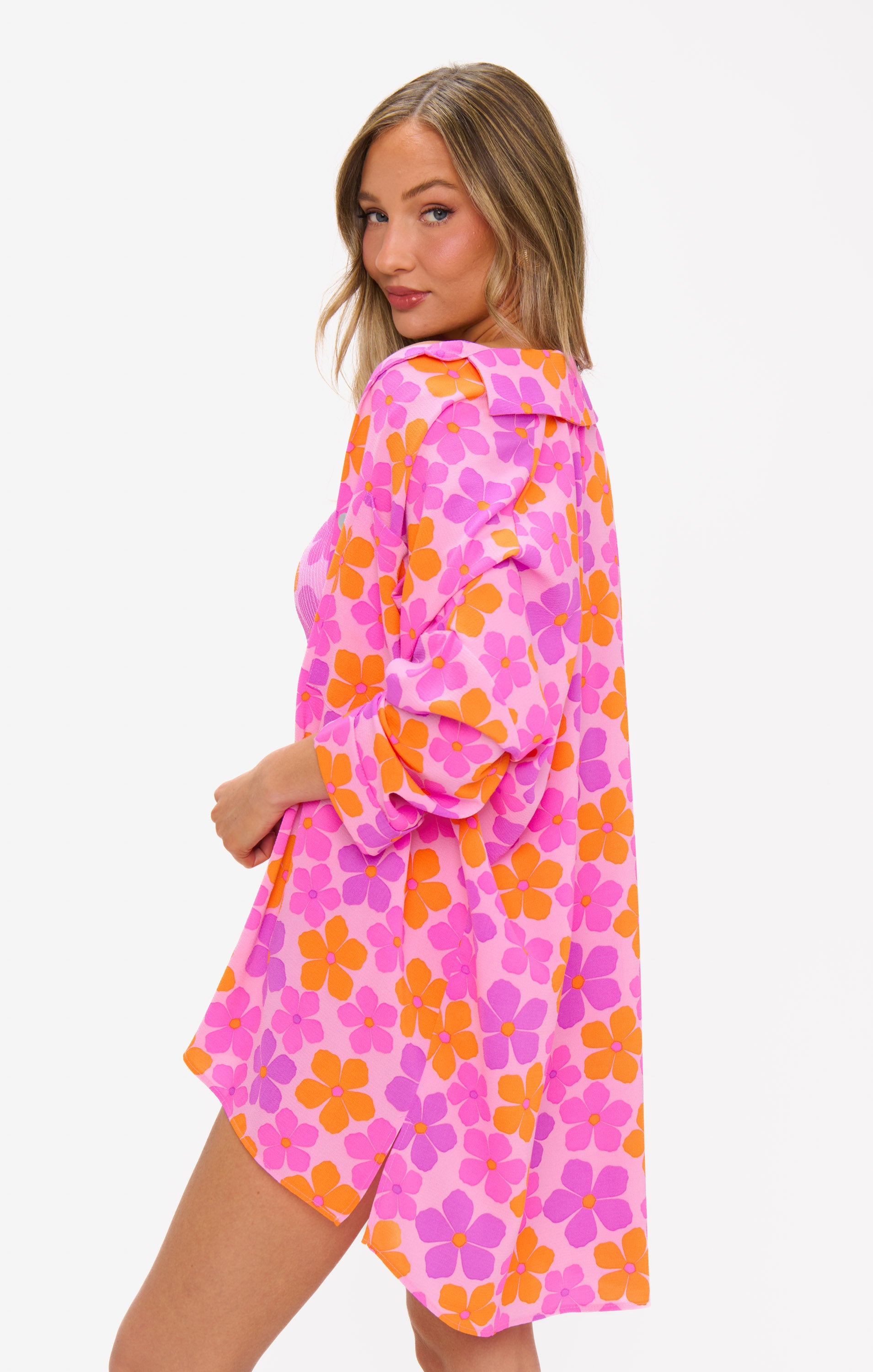 Oversized Button Down Shirt with Pockets | Pink Daisy Print