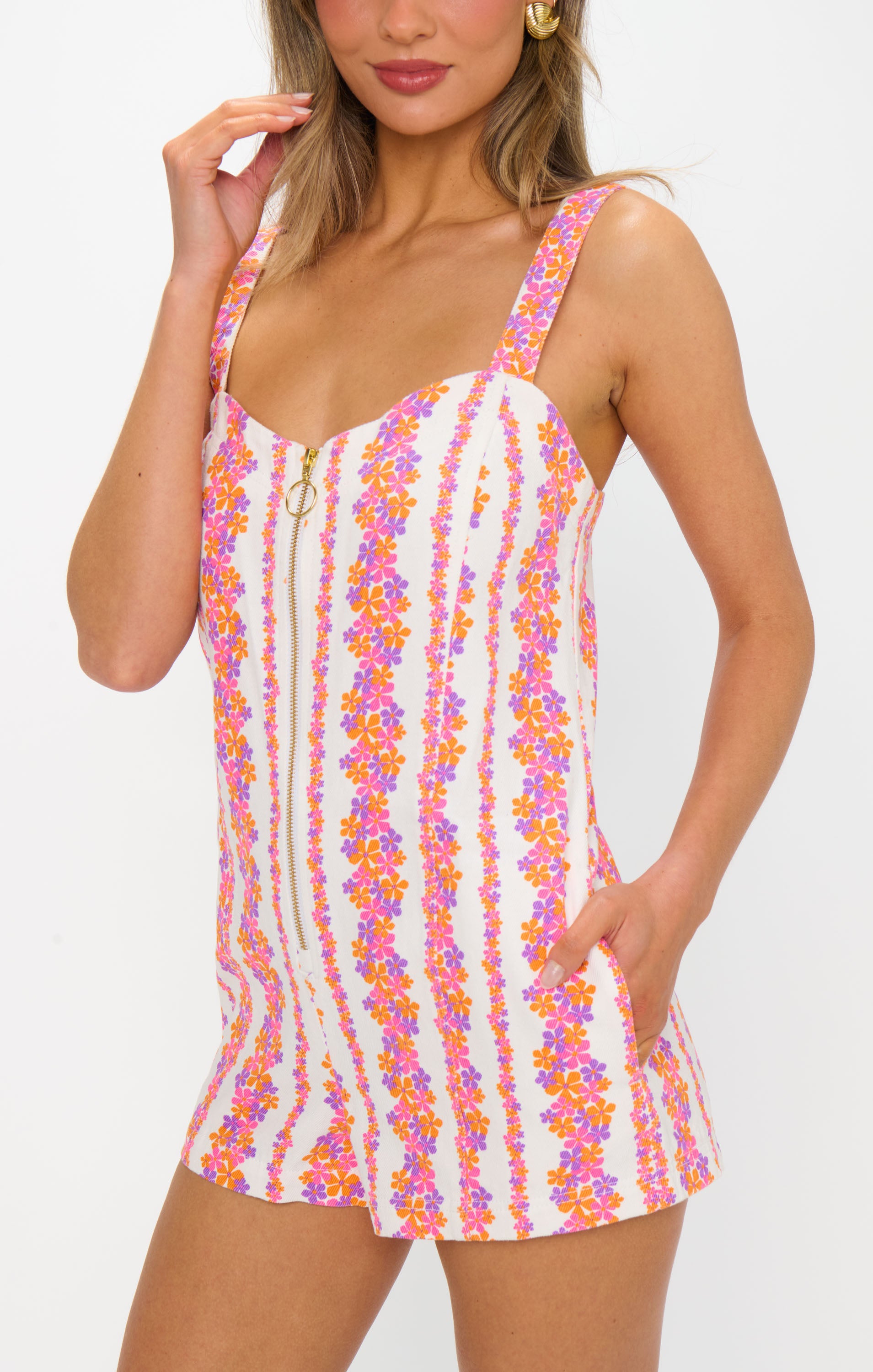 Pink Daisy Stripes Denim Romper with Side Pockets | Mission Romper