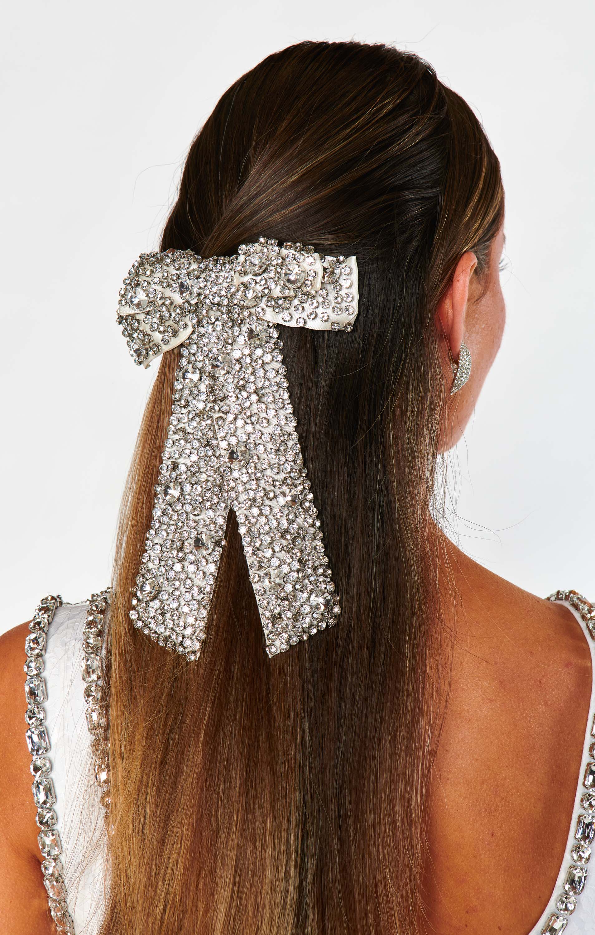 Sparkly Silver Crystal Hair Bow for Ponytails & Updos