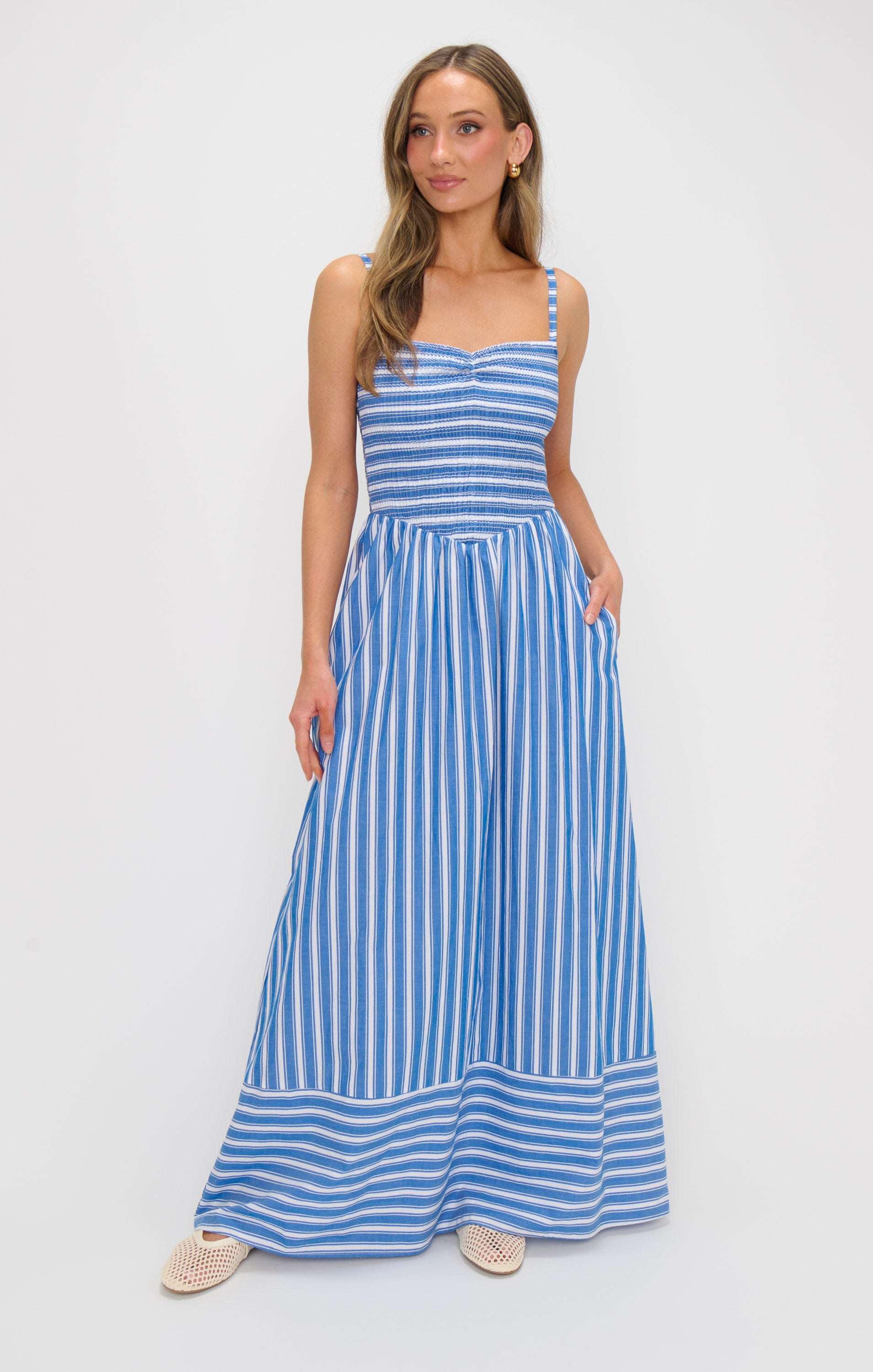 Coastal Blue Stripe Maxi Dress with Smocked Bodice & Pockets | Dixie