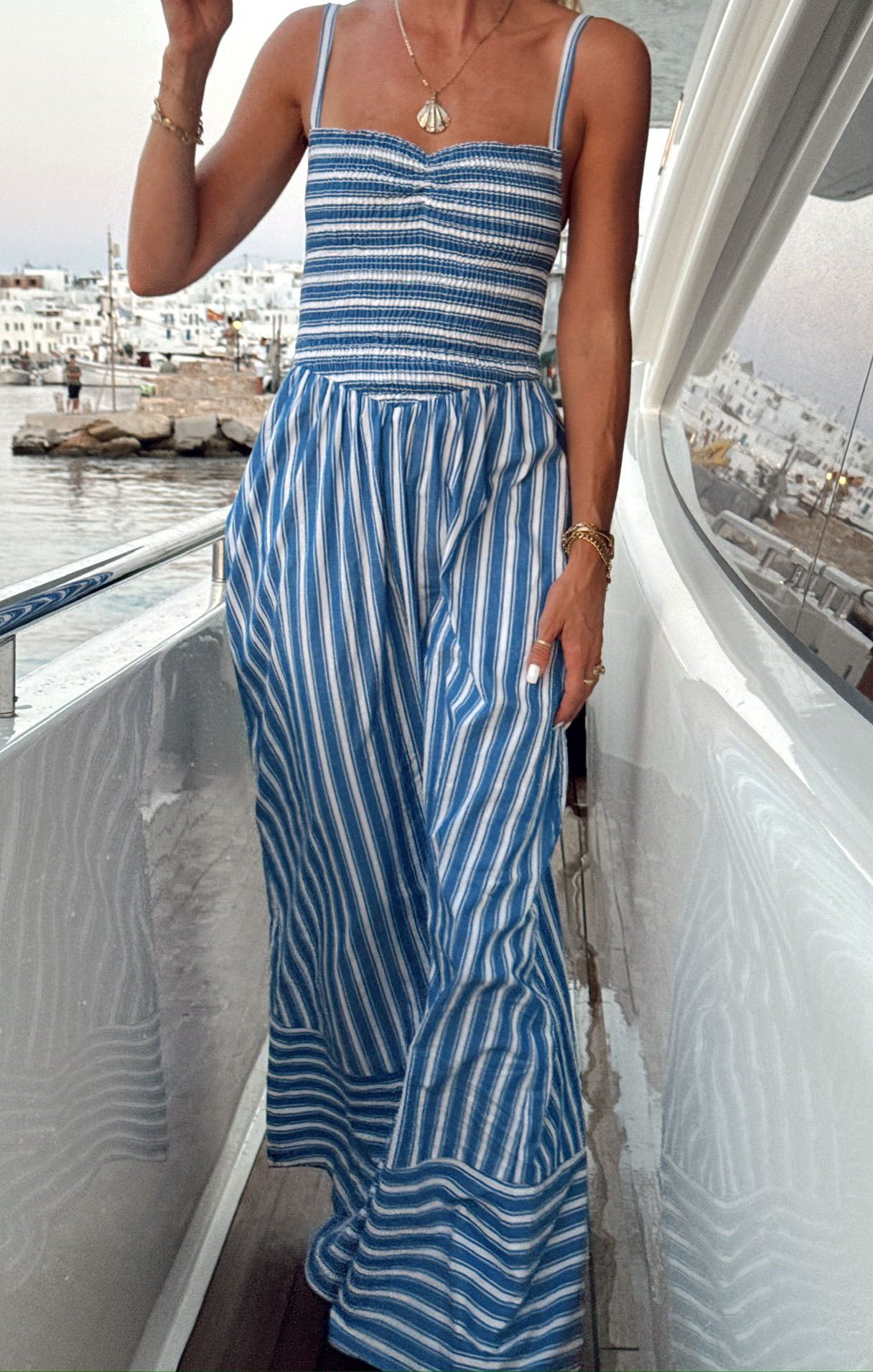Coastal Blue Stripe Maxi Dress with Smocked Bodice & Pockets | Dixie