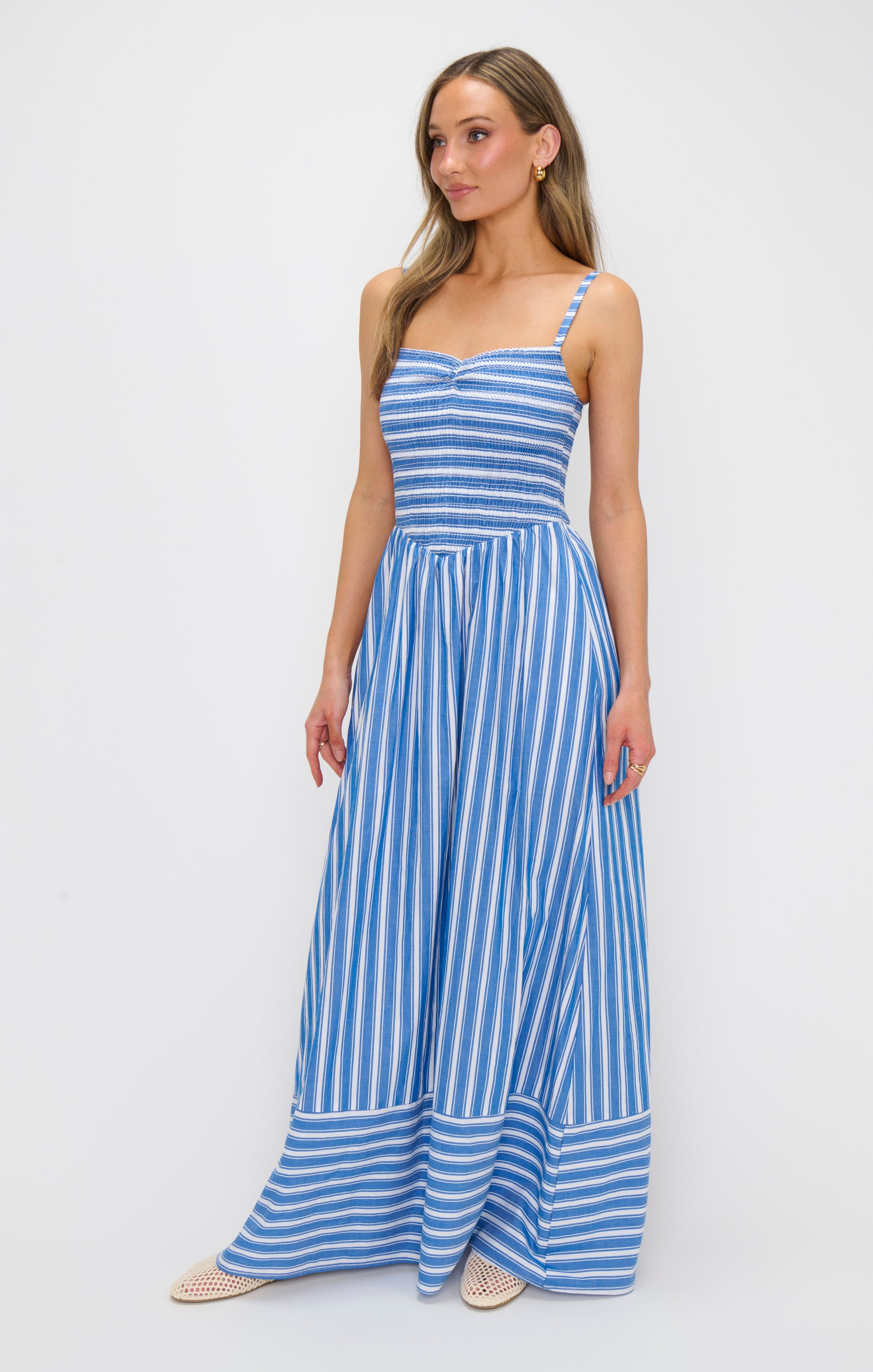 Coastal Blue Stripe Maxi Dress with Smocked Bodice & Pockets | Dixie