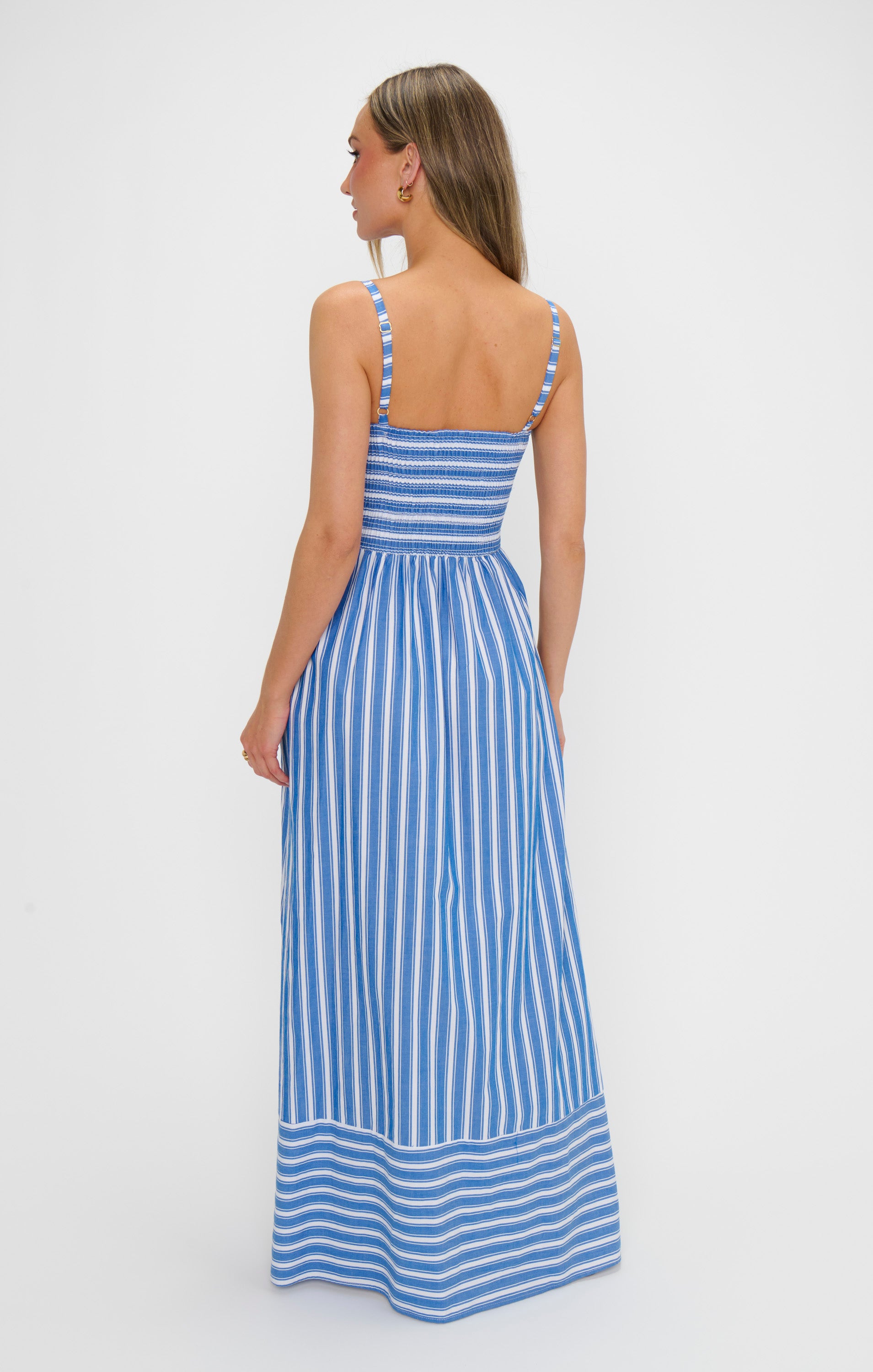 Coastal Blue Stripe Maxi Dress with Smocked Bodice & Pockets | Dixie