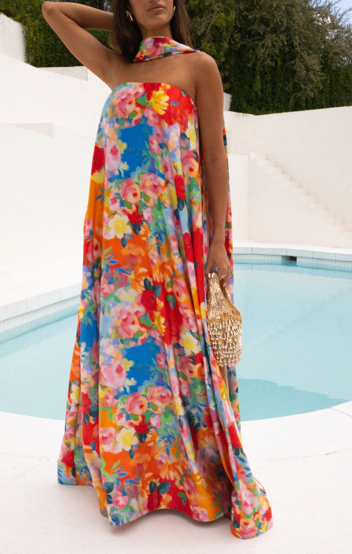 Strapless Flowy Tube Dress for Cocktail Parties | Tinsley Sunset Garden