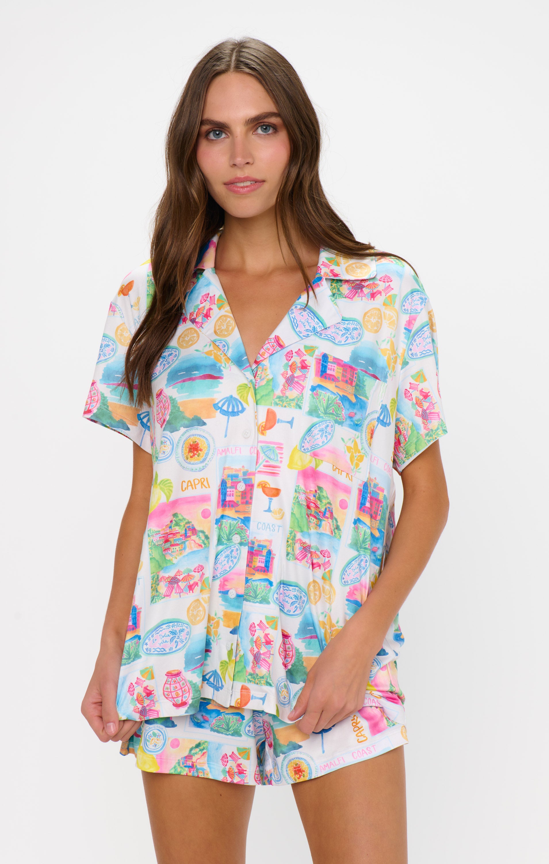 Comfortable Jersey PJ Set with Button-Down Top & Shorts | Amalfi Coast