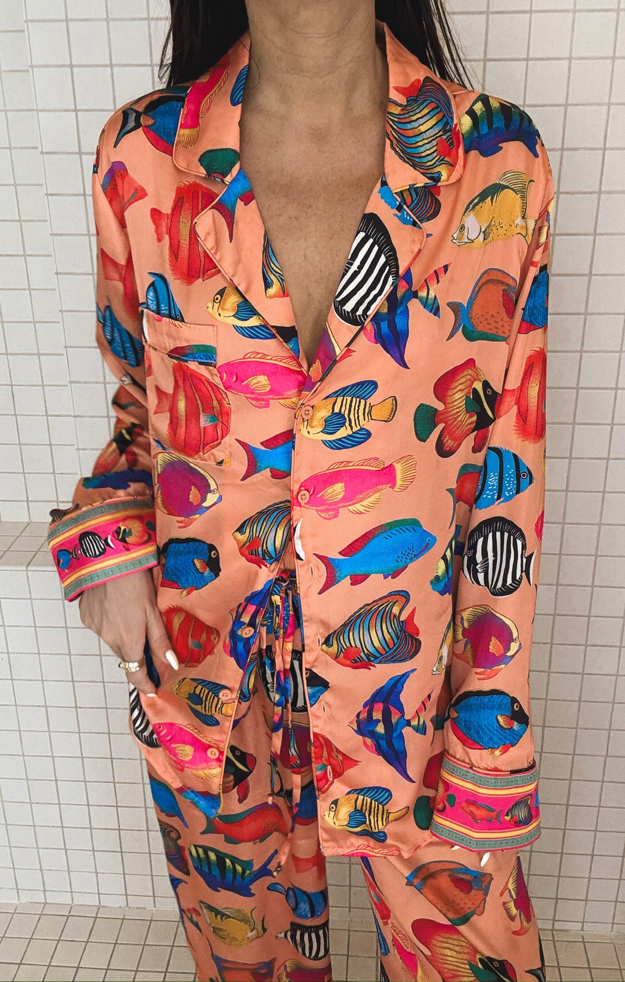Silky Button-Down Pajama Set with Tropical Fish Print | Coral Rainbow Reef