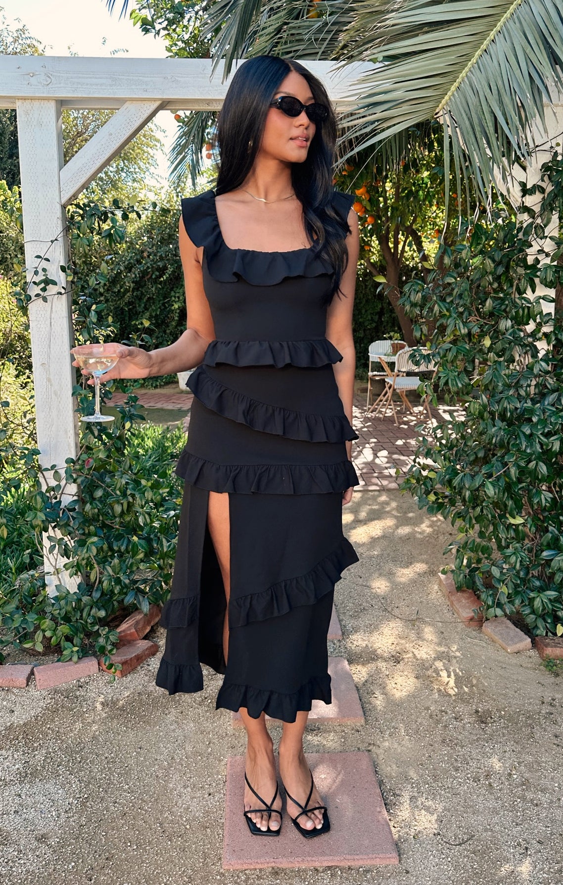 Fitted Black Midi Dress with Square Neck & Slit | Greta Dress