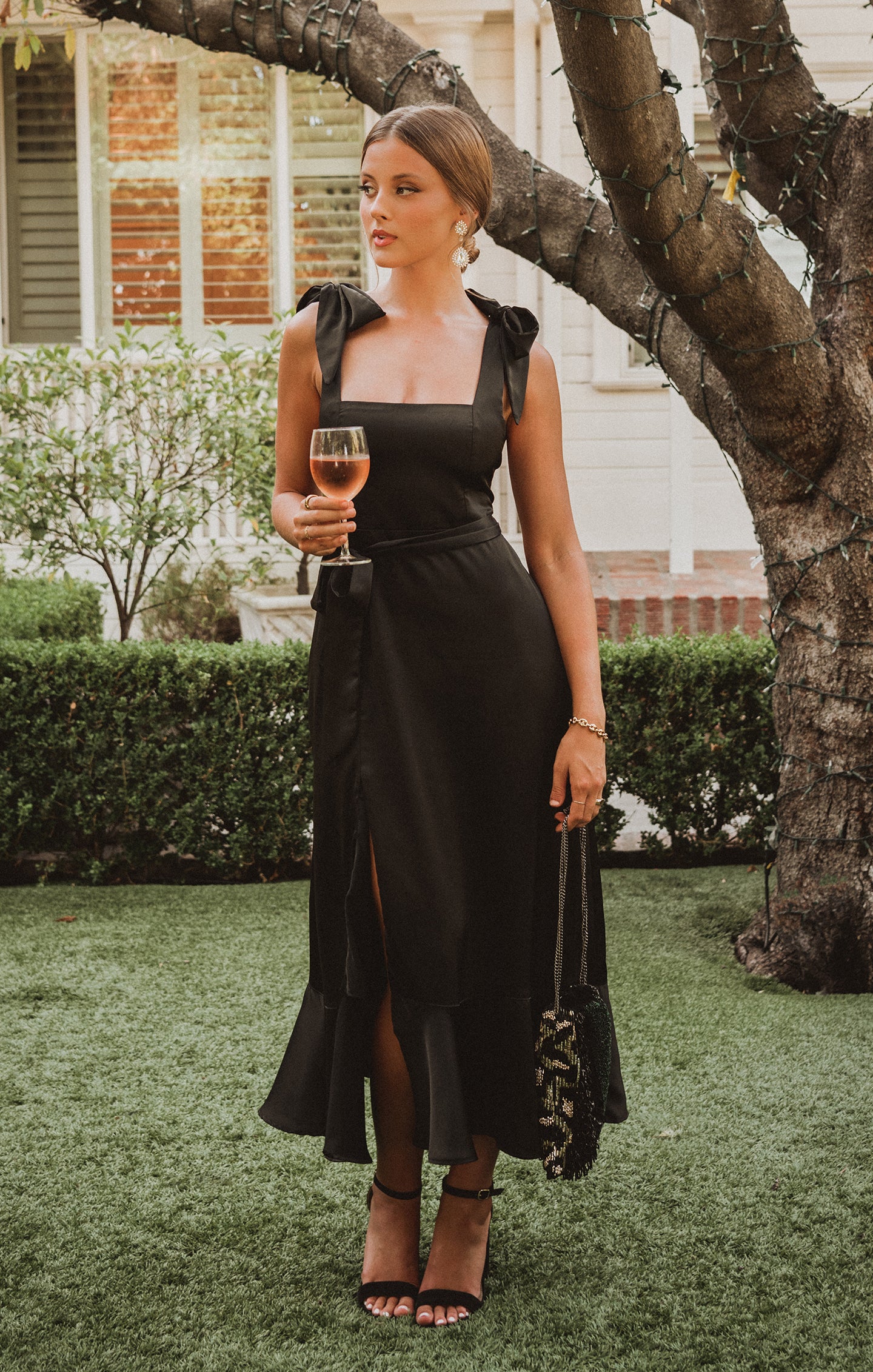 Square Neck Midi Dress with Smocked Back & Detachable Sash | Claire Black Luxe Satin