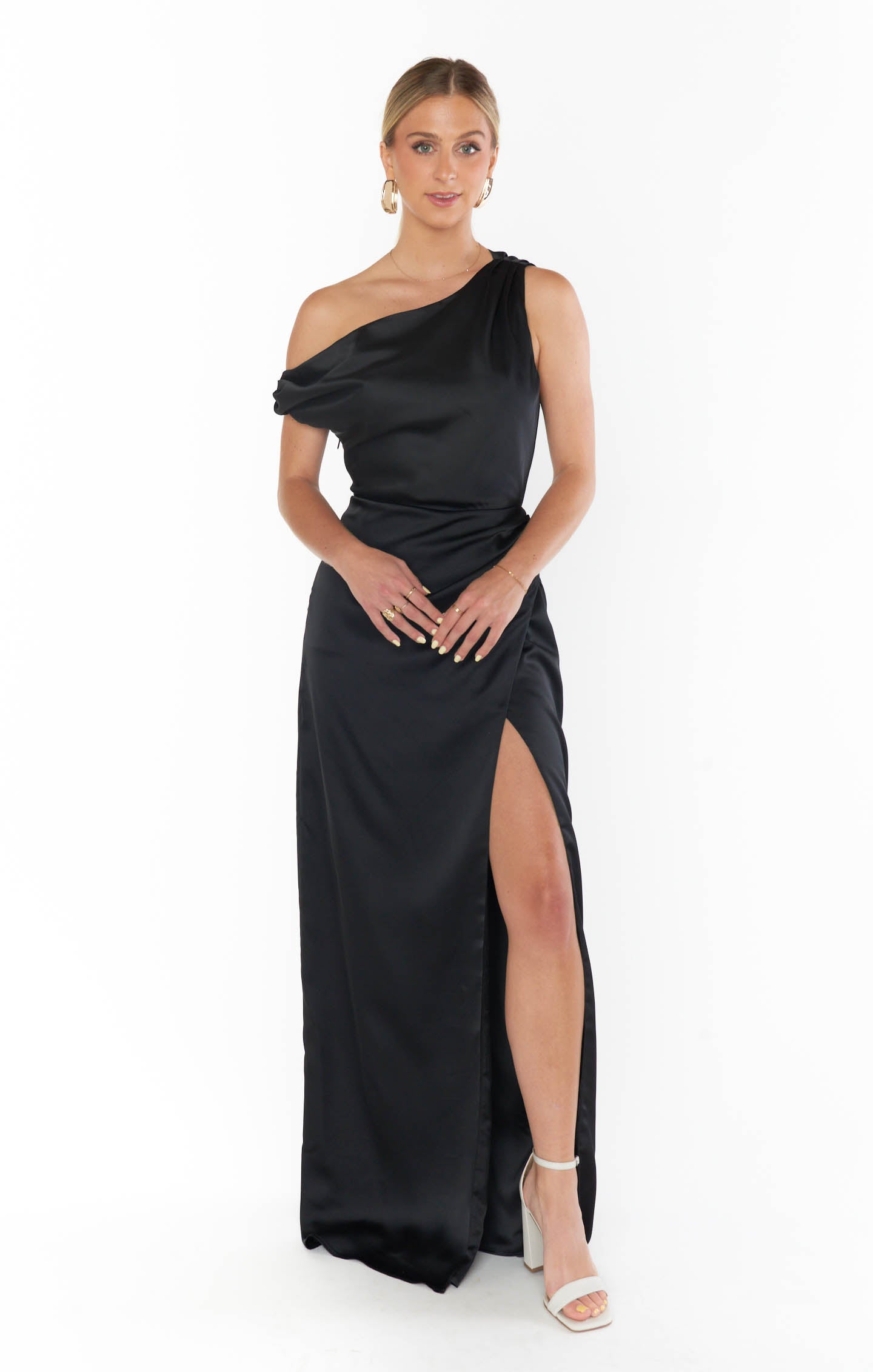 Black Satin Jodie Dress with Asymmetrical Silhouette | Luxe Event Attire