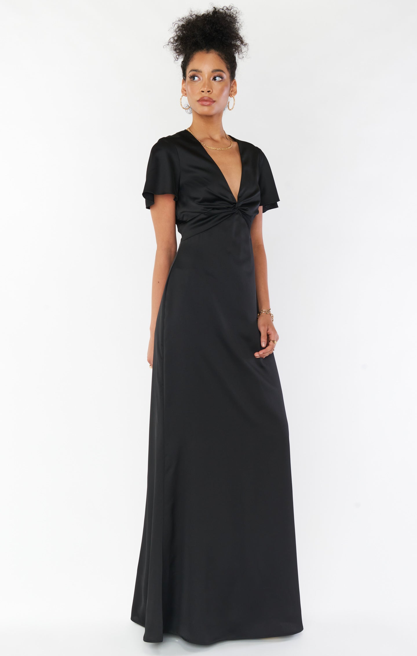 Black Luxe Satin Rome Twist Gown | Empire Waist with Flutter Sleeves