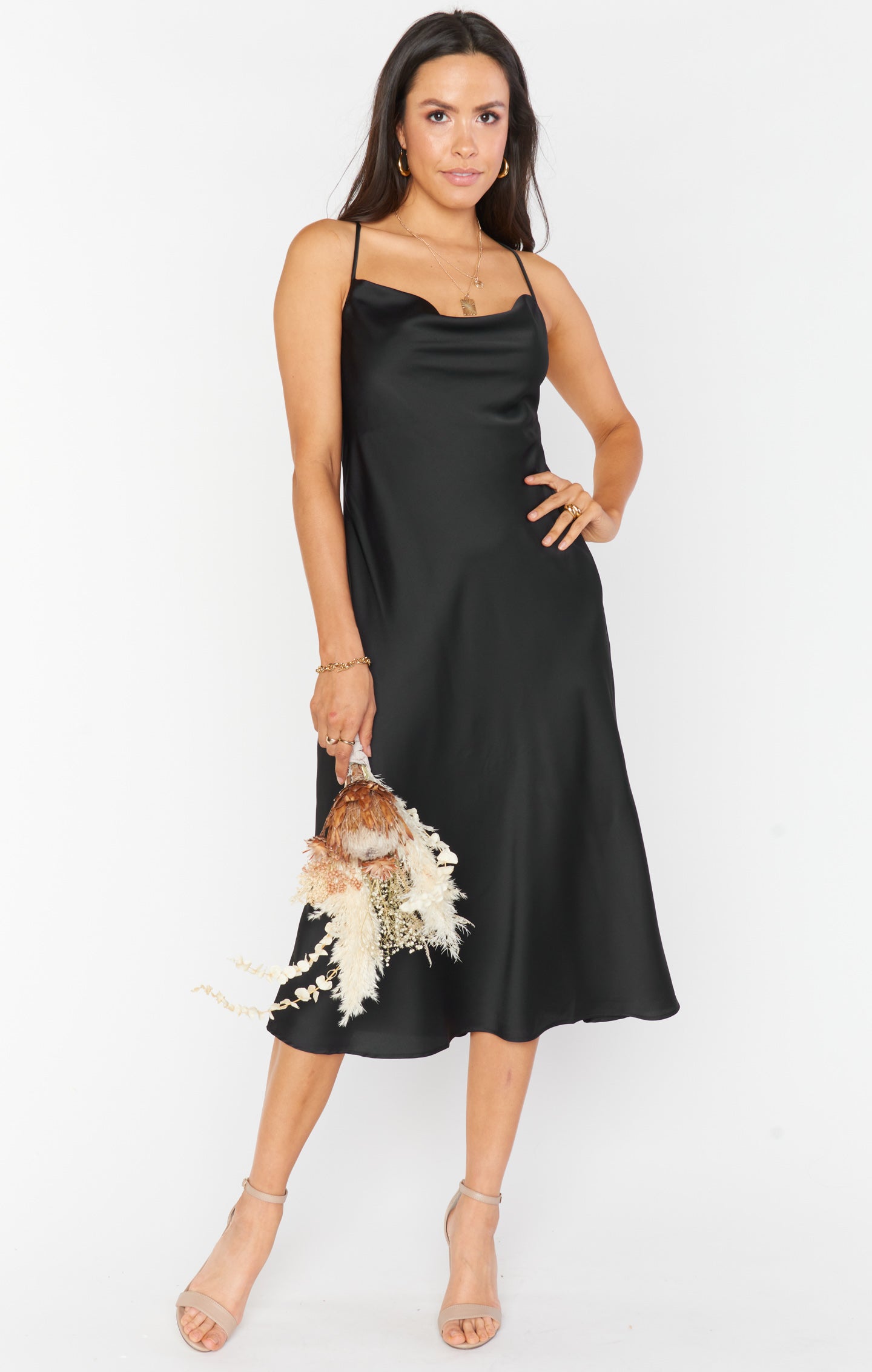 Satin Cowl Neck Dress with Adjustable Straps & Crisscross Back | Verona