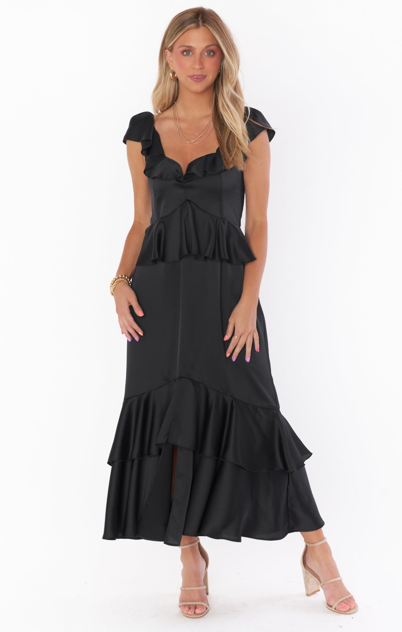 Black Ruffled Midi Dress with Flutter Sleeves | Reese