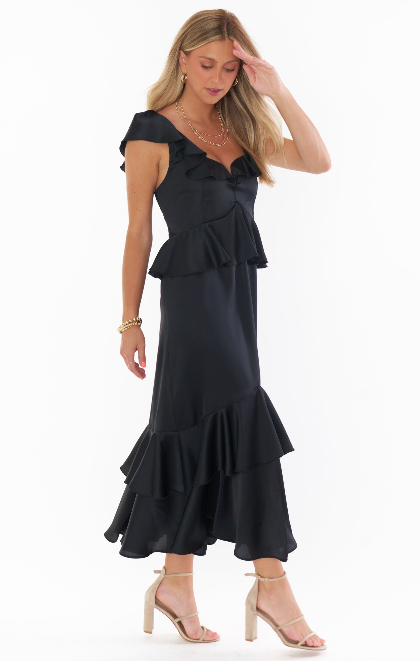 Black Ruffled Midi Dress with Flutter Sleeves | Reese