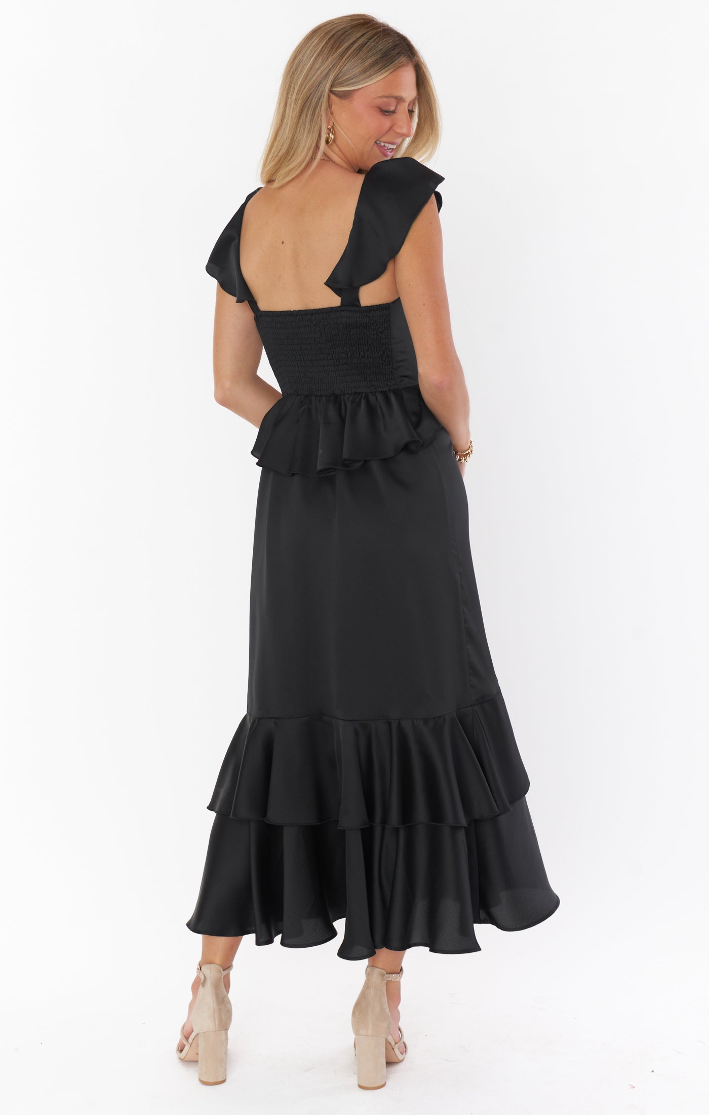 Black Ruffled Midi Dress with Flutter Sleeves | Reese