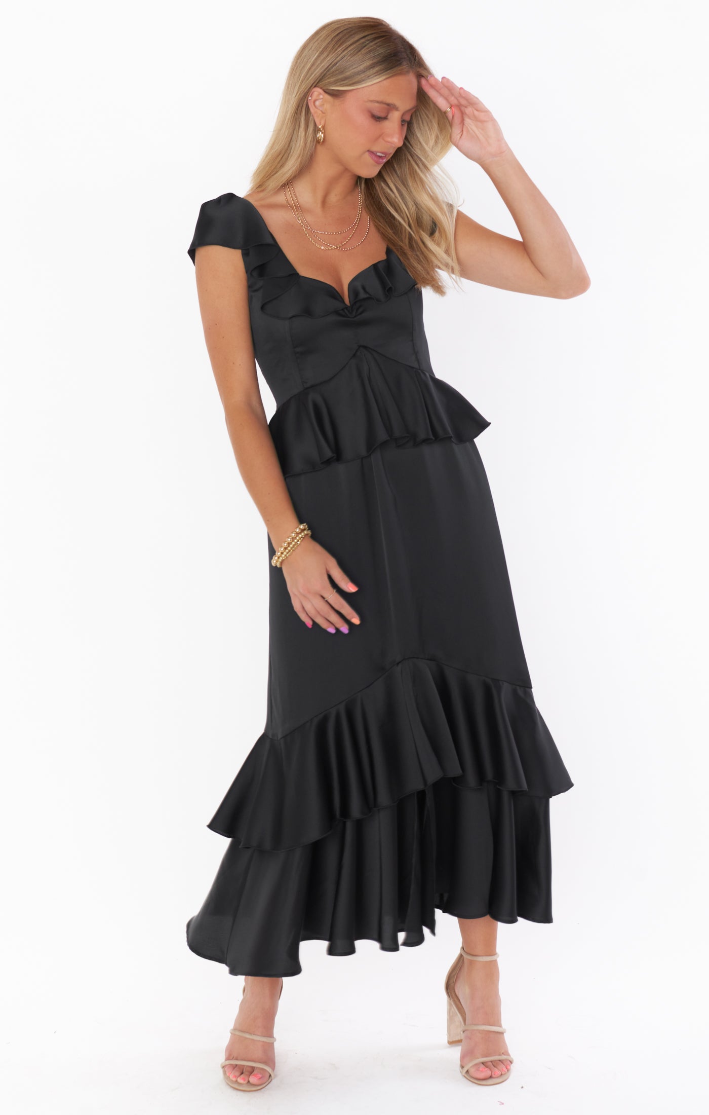 Black Ruffled Midi Dress with Flutter Sleeves | Reese