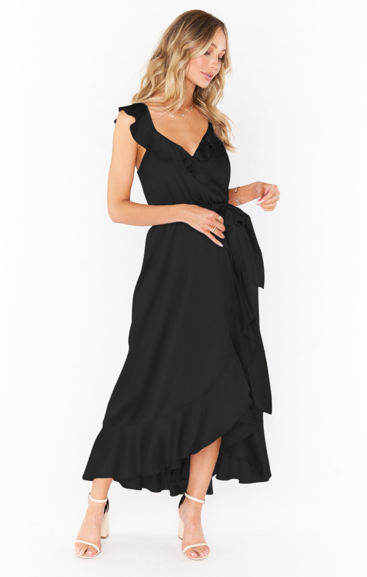 Ruffle Wrap Dress with Elastic Waist & Sash | Samantha Black Satin