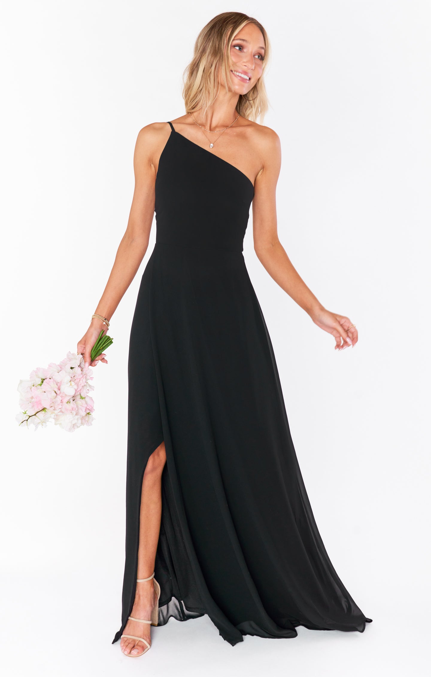 One Shoulder Black Chiffon Maxi Dress with Slit | Shannon
